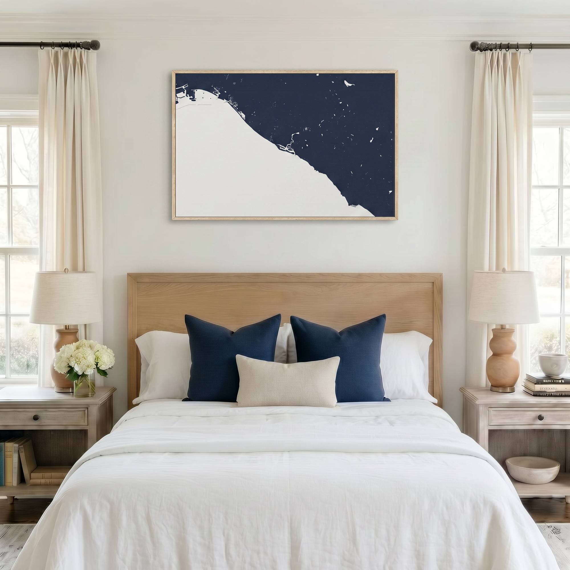 Newport Beach canvas map art in bedroom setting