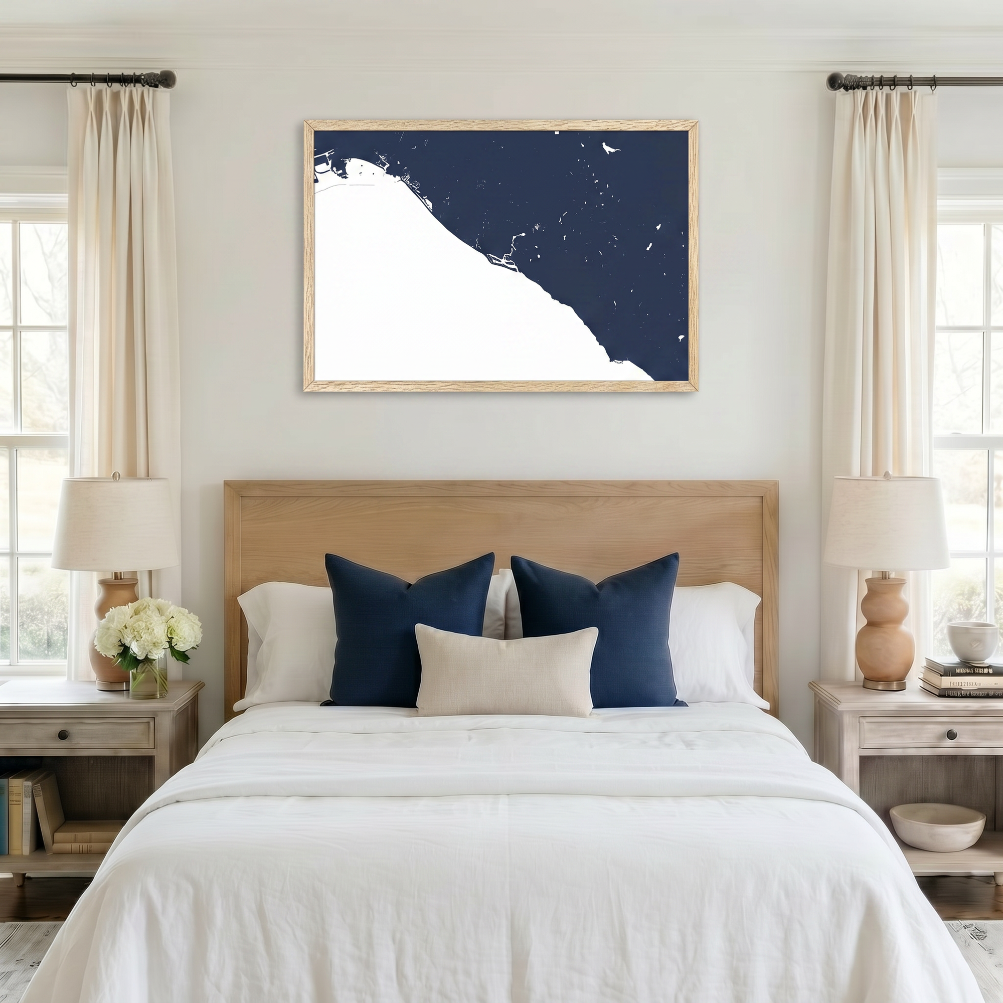 Newport Beach matte map art in bedroom setting