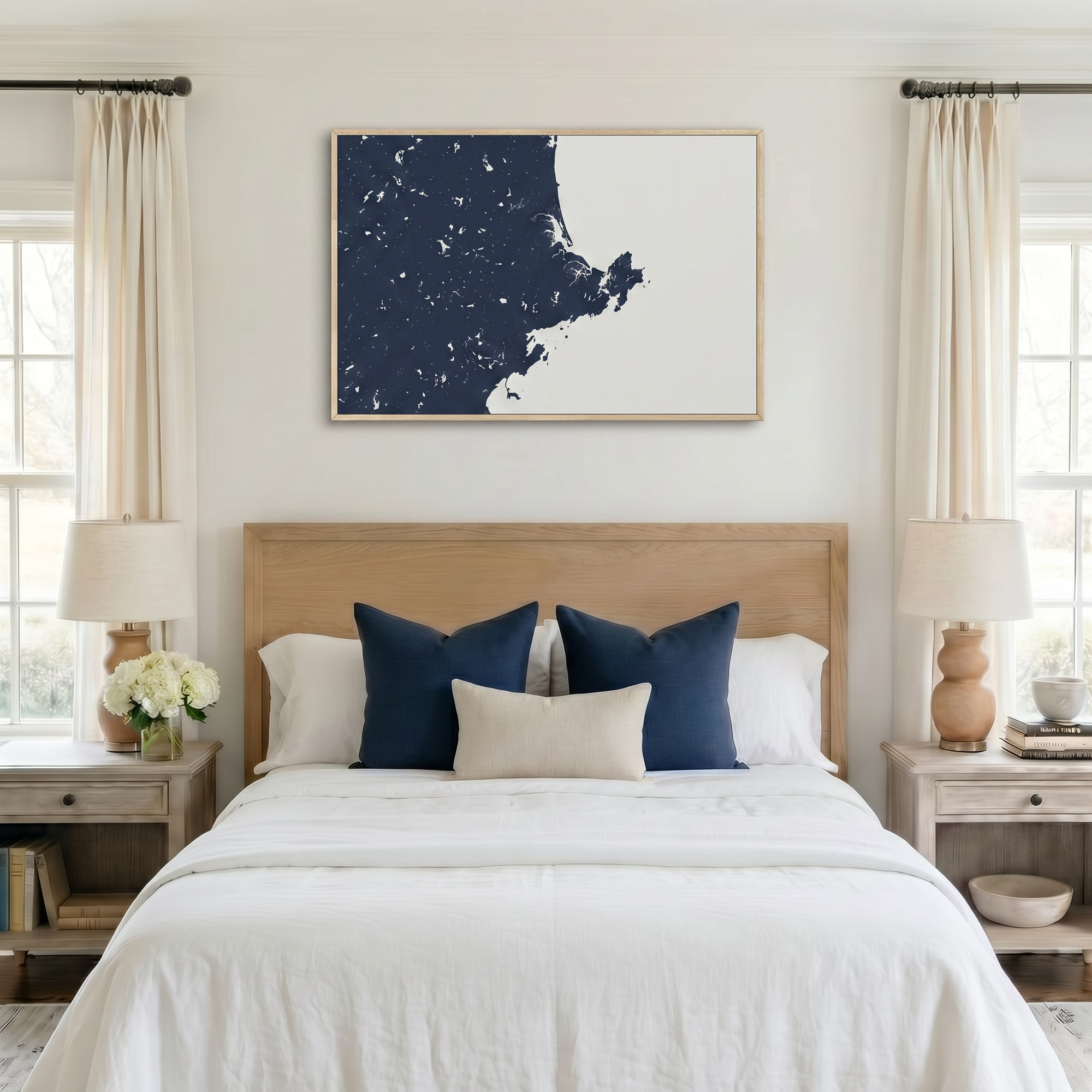 North Shore Massachusetts canvas map art in bedroom setting