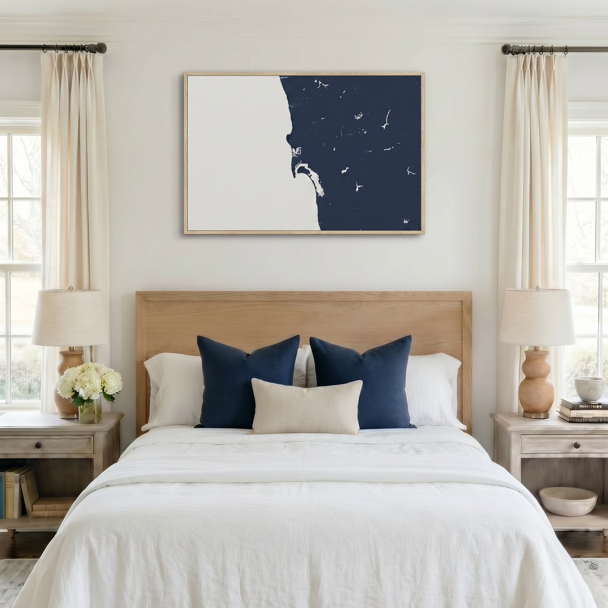 San Diego Coast canvas map art in bedroom setting