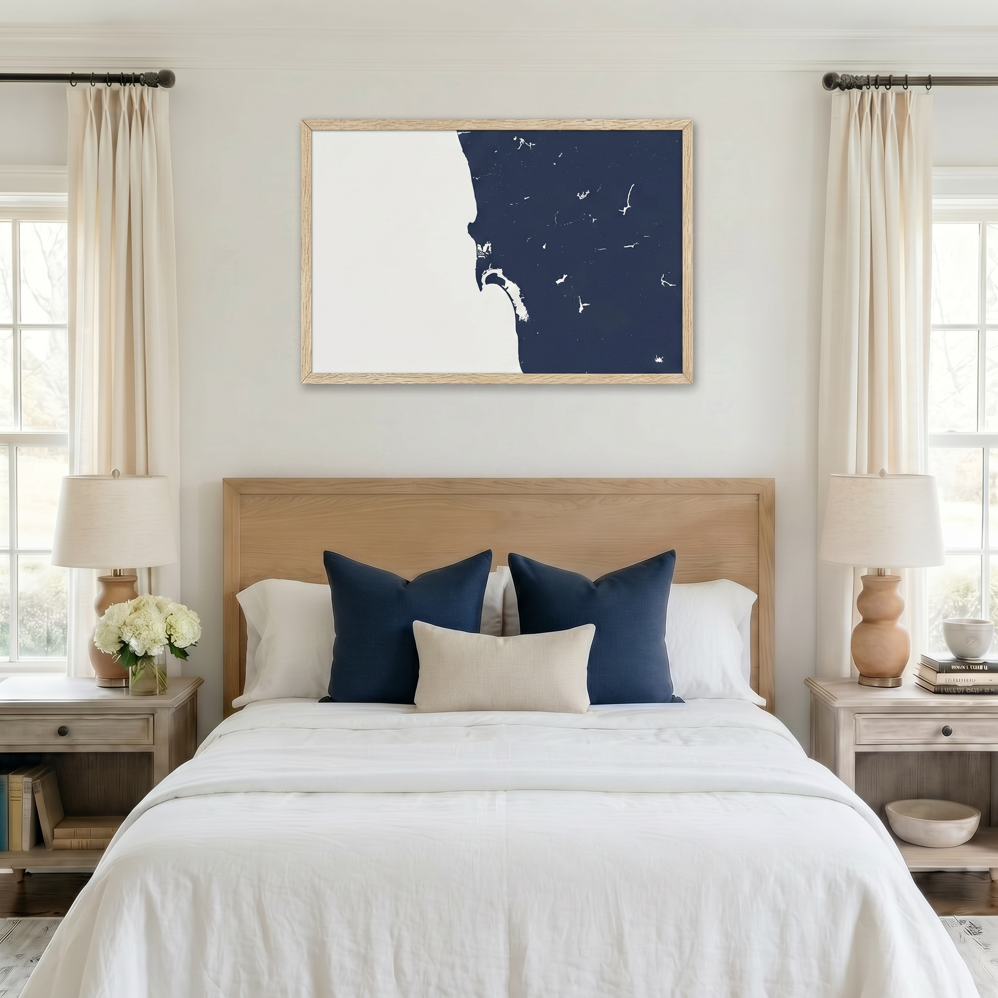 San Diego Coast matte map art in bedroom setting