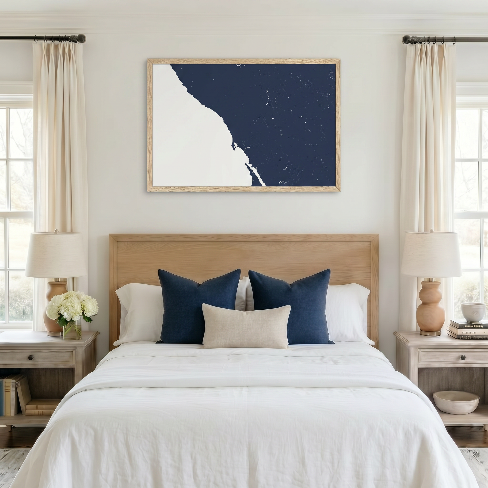 Sonoma Coast matte map art in bedroom setting