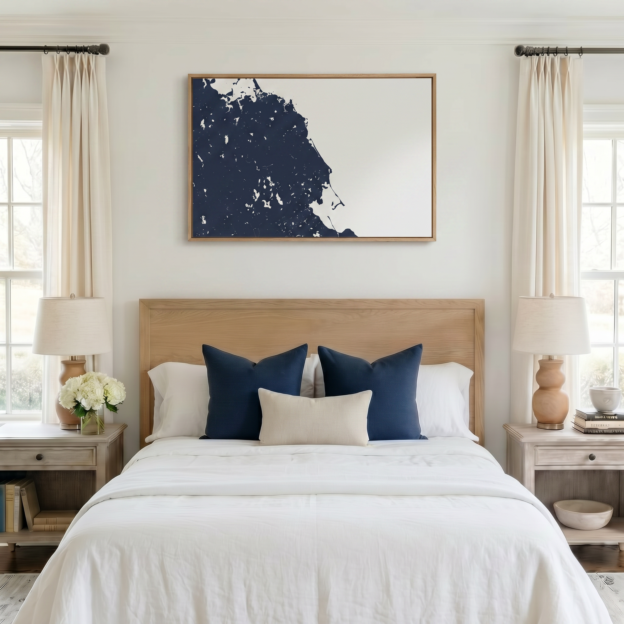 South Shore Massachusetts canvas map art in bedroom setting
