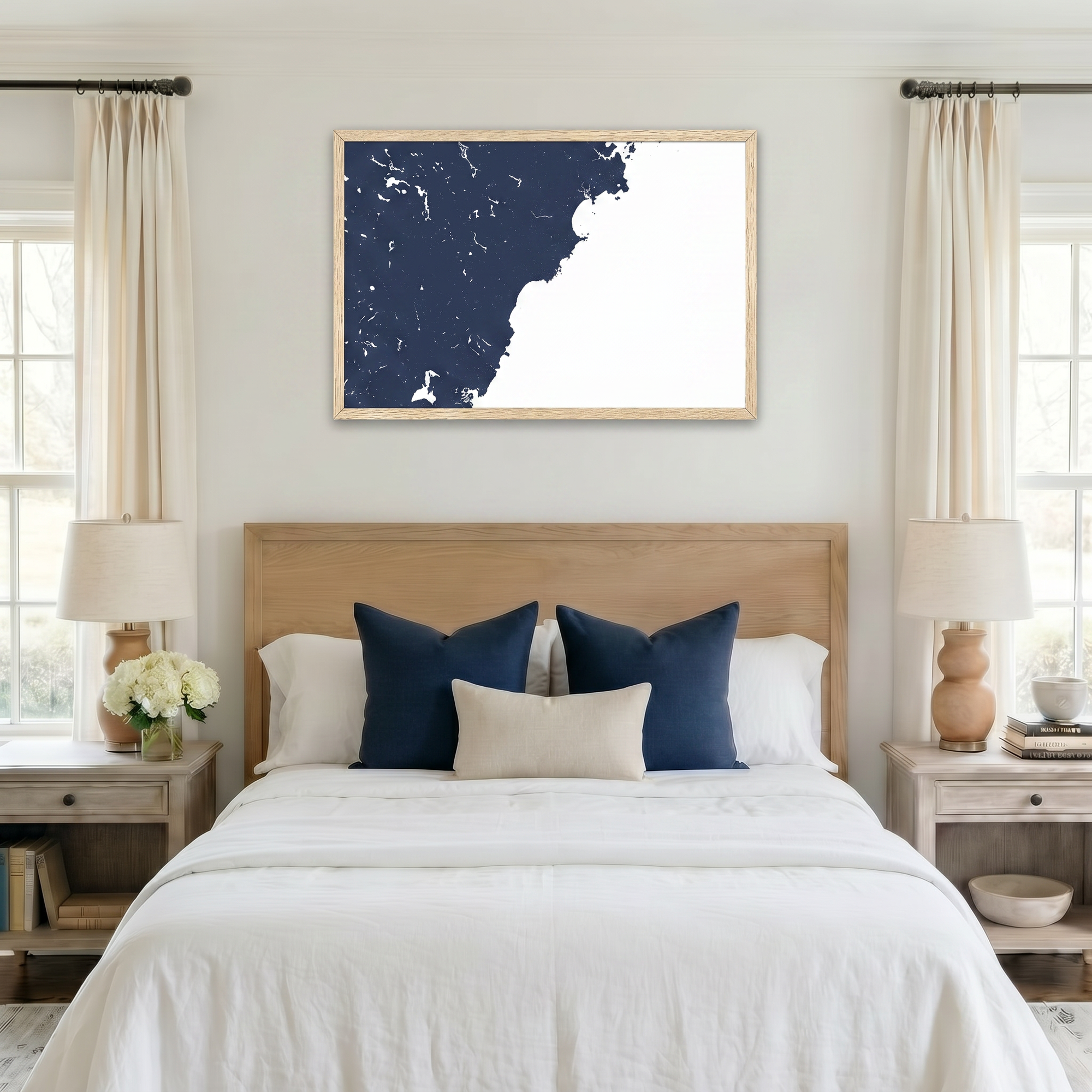 Southern Maine Coast matte map art in bedroom setting