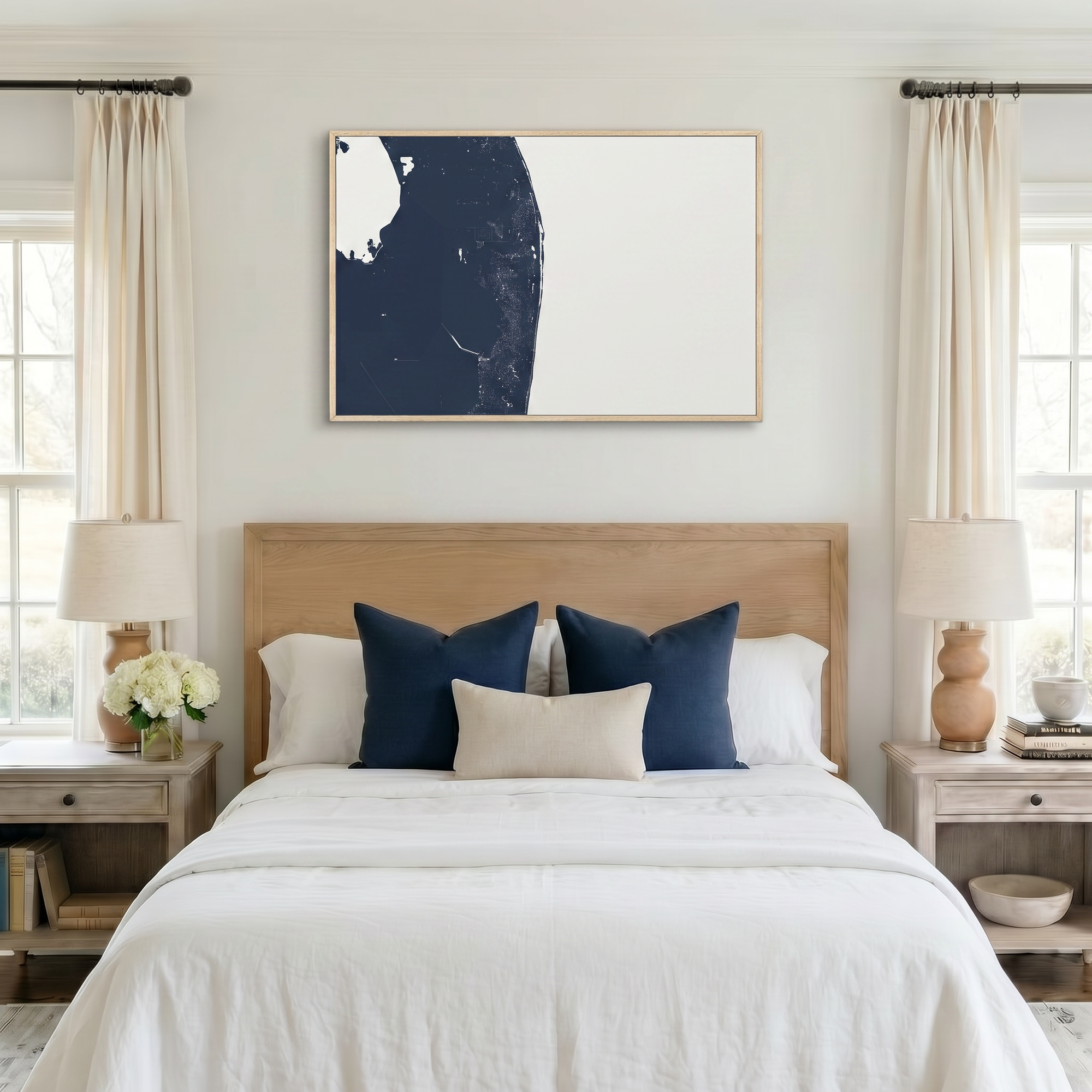 The Palm Beaches canvas map art in bedroom setting