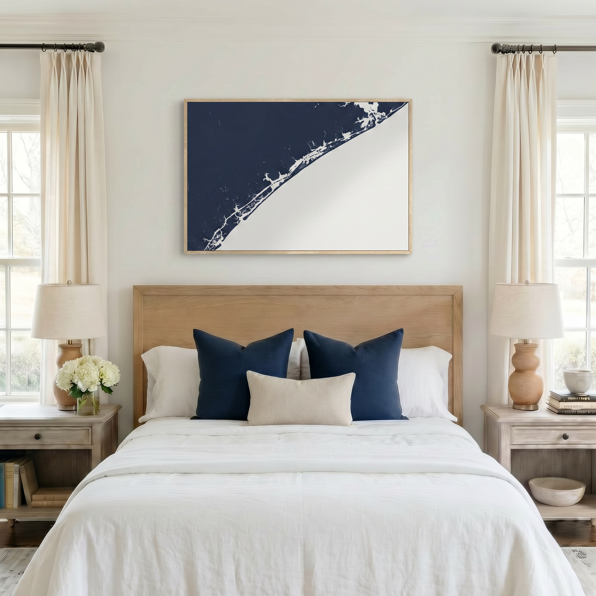 Topsail Island canvas map art in bedroom setting