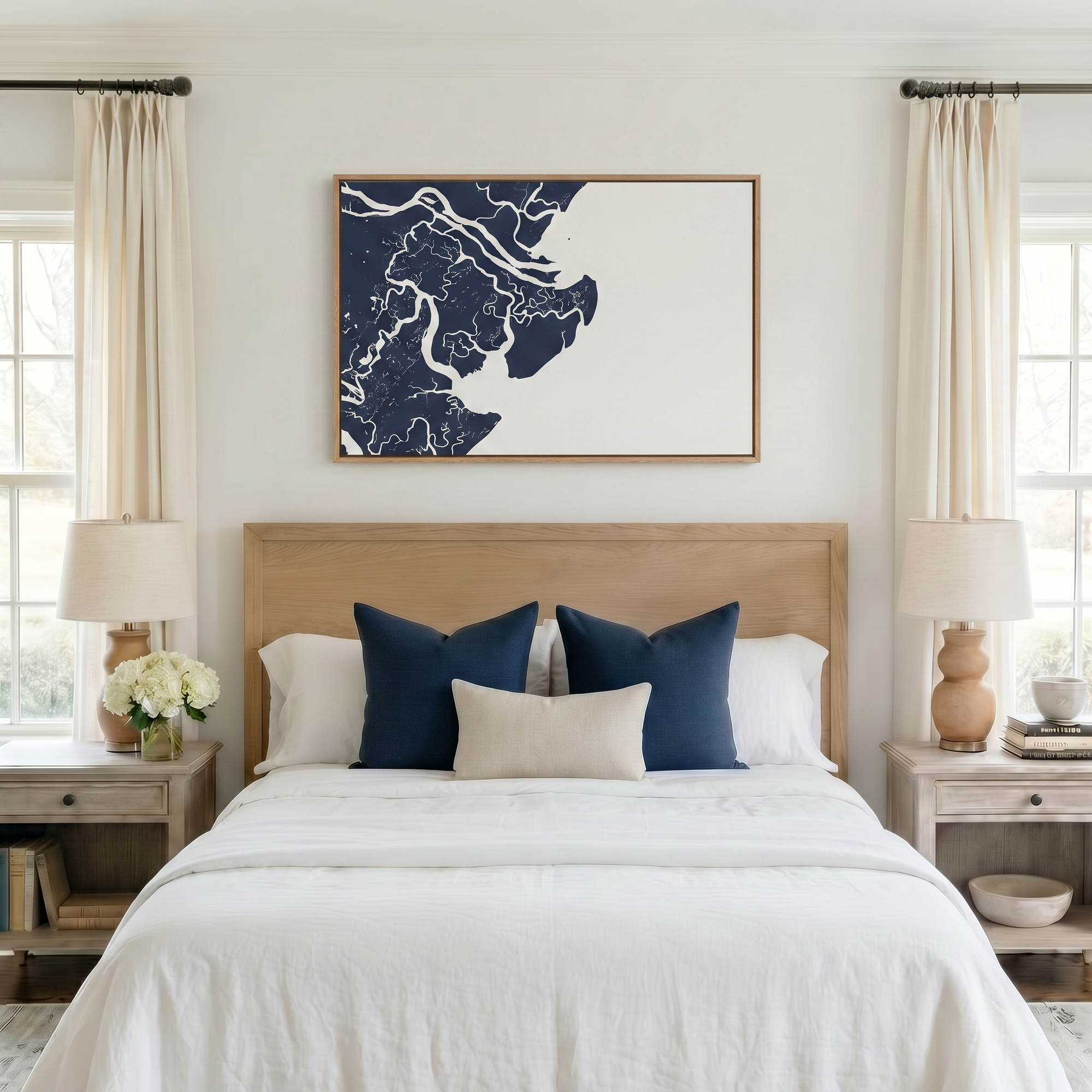 Tybee Island canvas map art in bedroom setting
