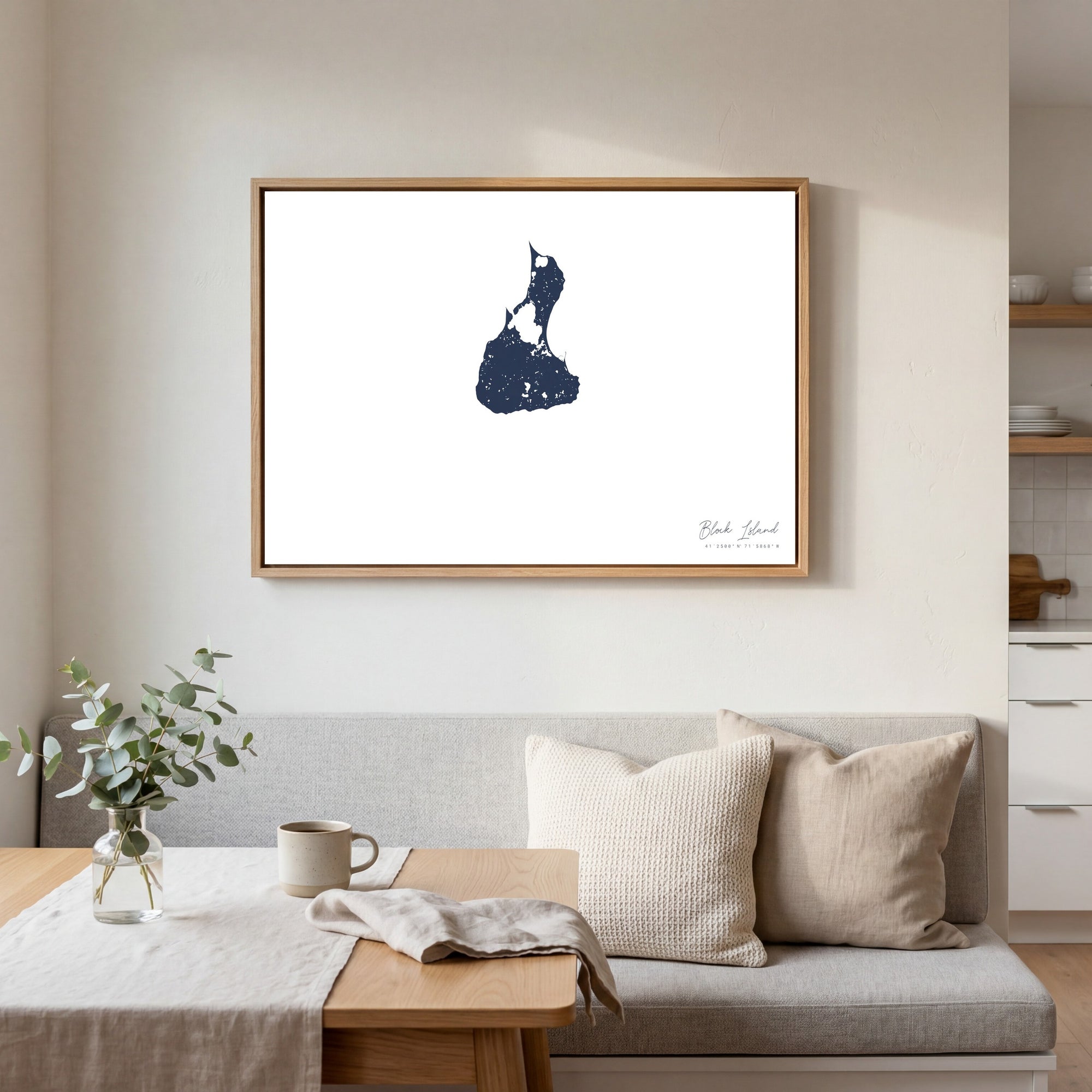Block Island navy horizontal canvas map in an oak framed room scene