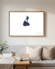 Block Island navy horizontal canvas map in an oak framed room scene