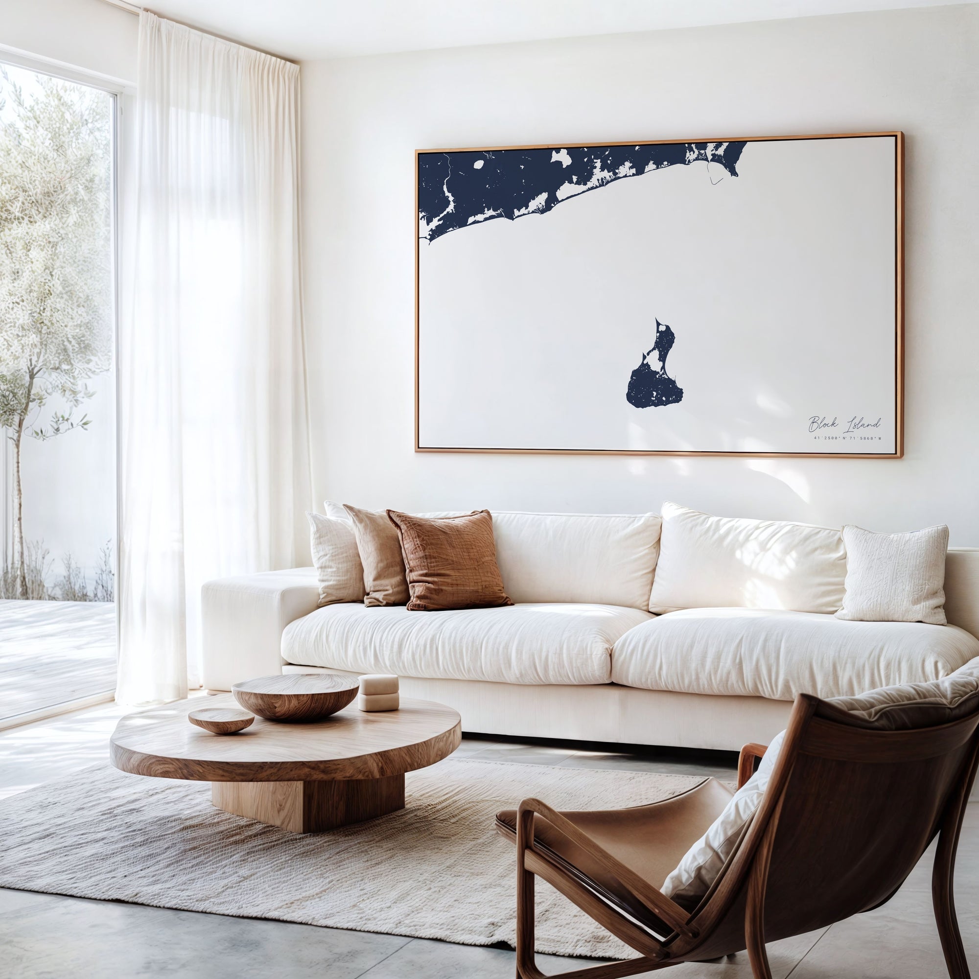 Block Island navy horizontal canvas map in an oak framed room scene