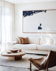 Block Island navy horizontal canvas map in an oak framed room scene