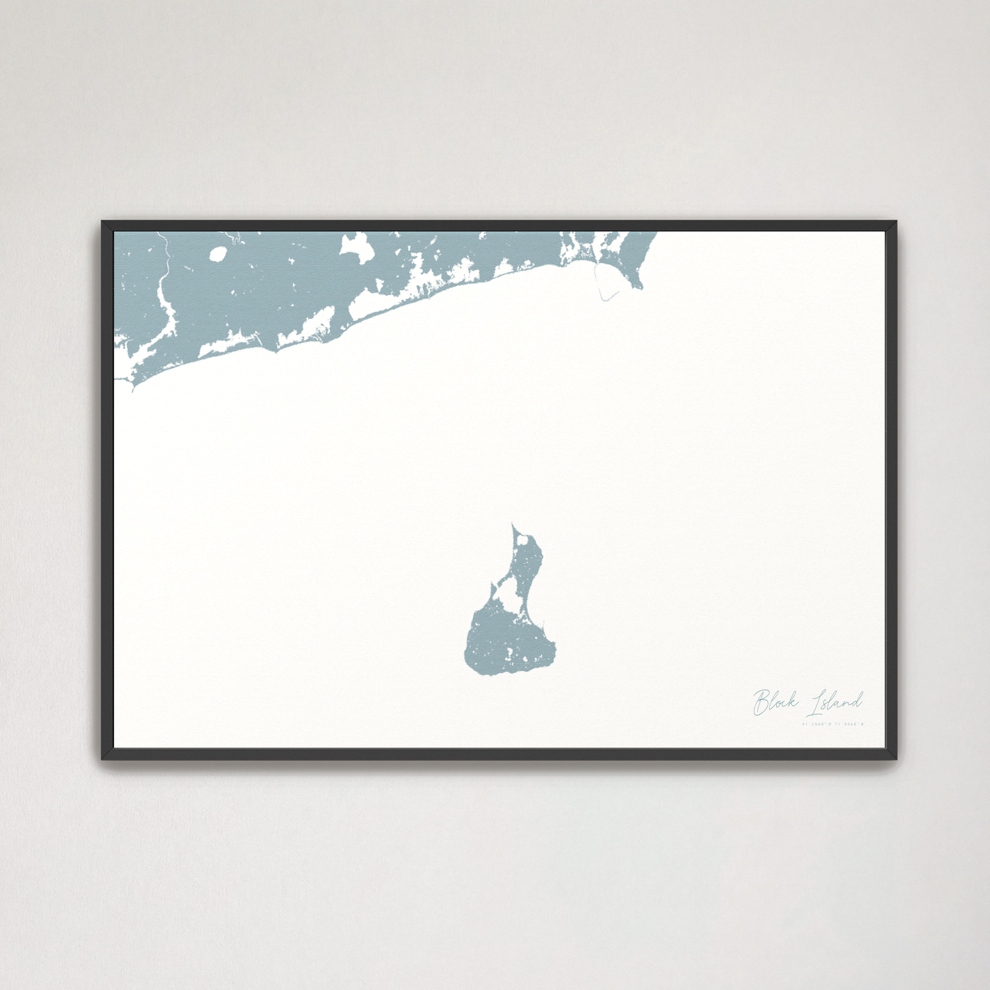 Block Island Coastal Map — Canvas Horizontal, soft-blue, Black Frame