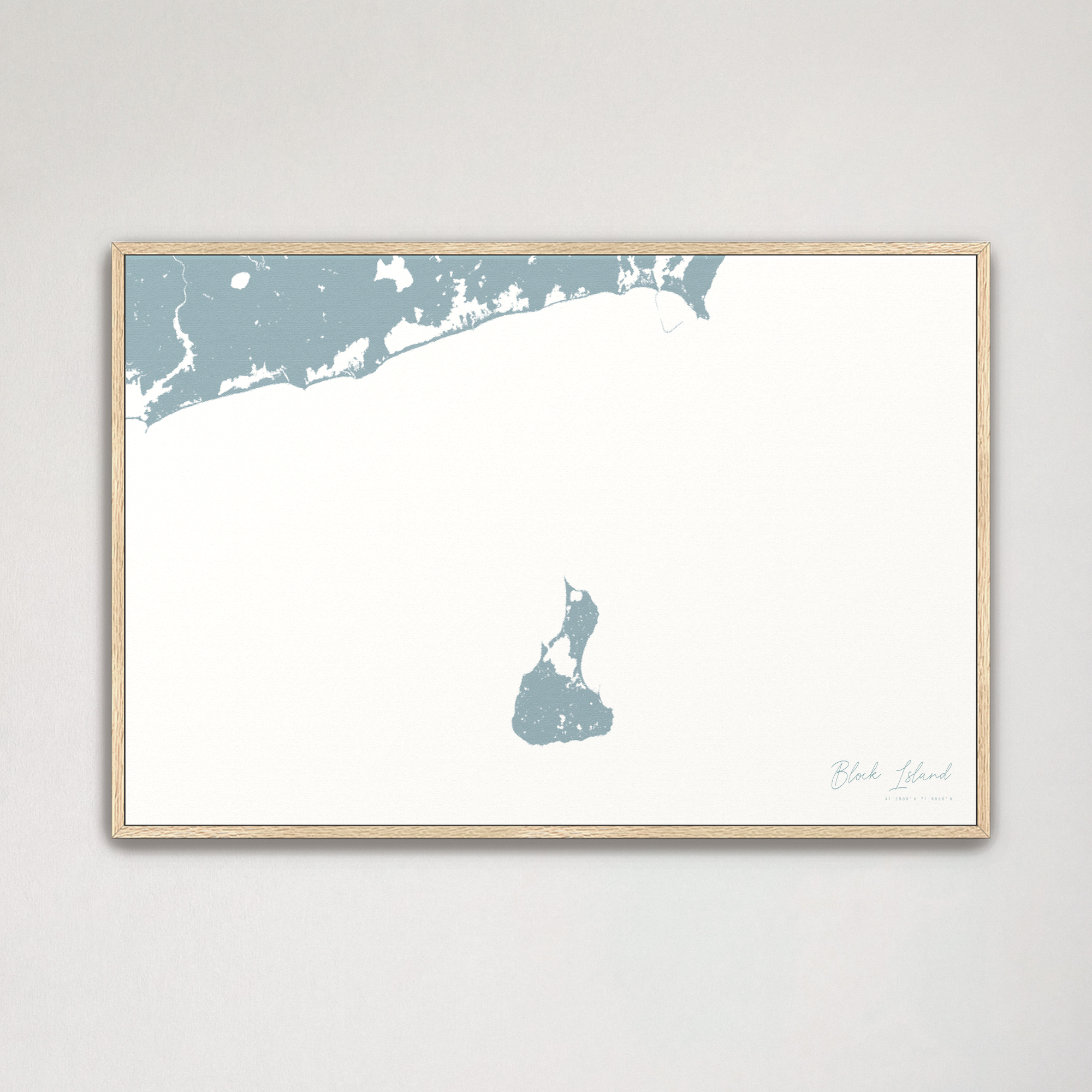 Block Island Coastal Map — Canvas Horizontal, soft-blue, Natural Oak