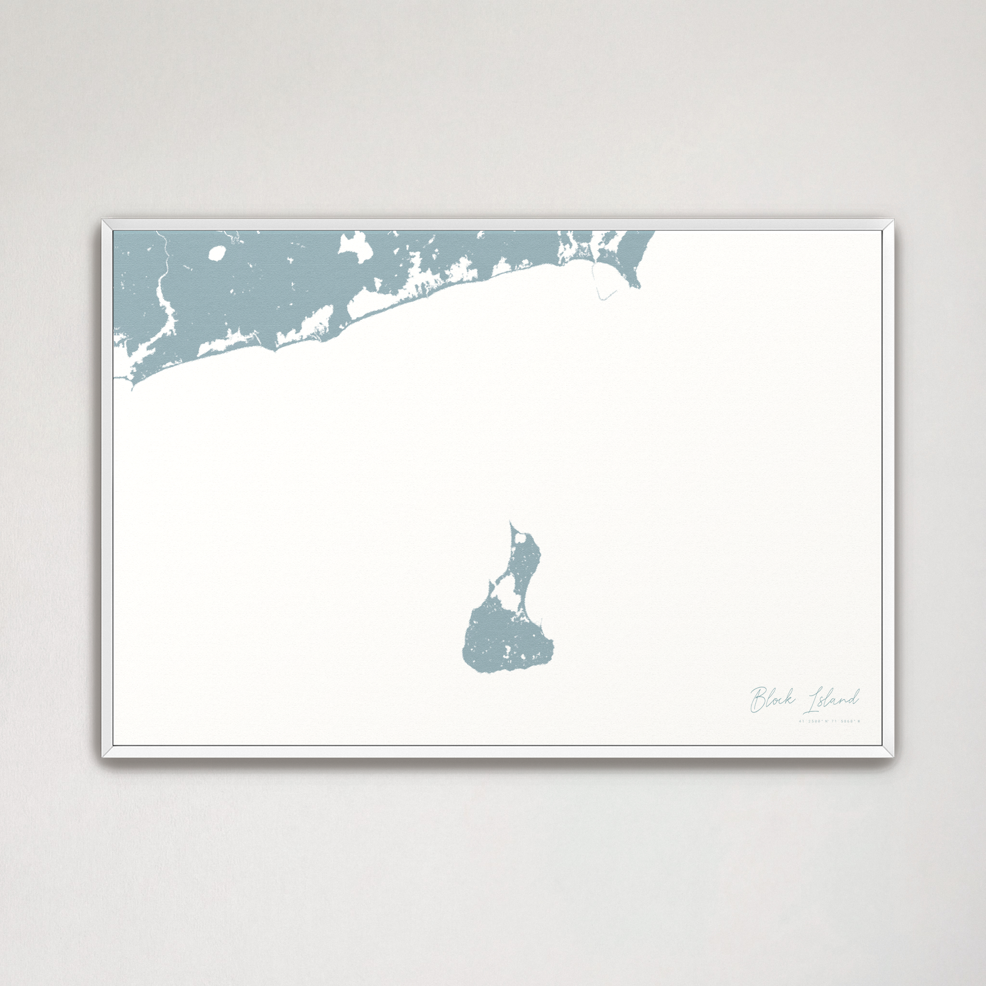 Block Island Coastal Map — Canvas Horizontal, soft-blue, White Frame