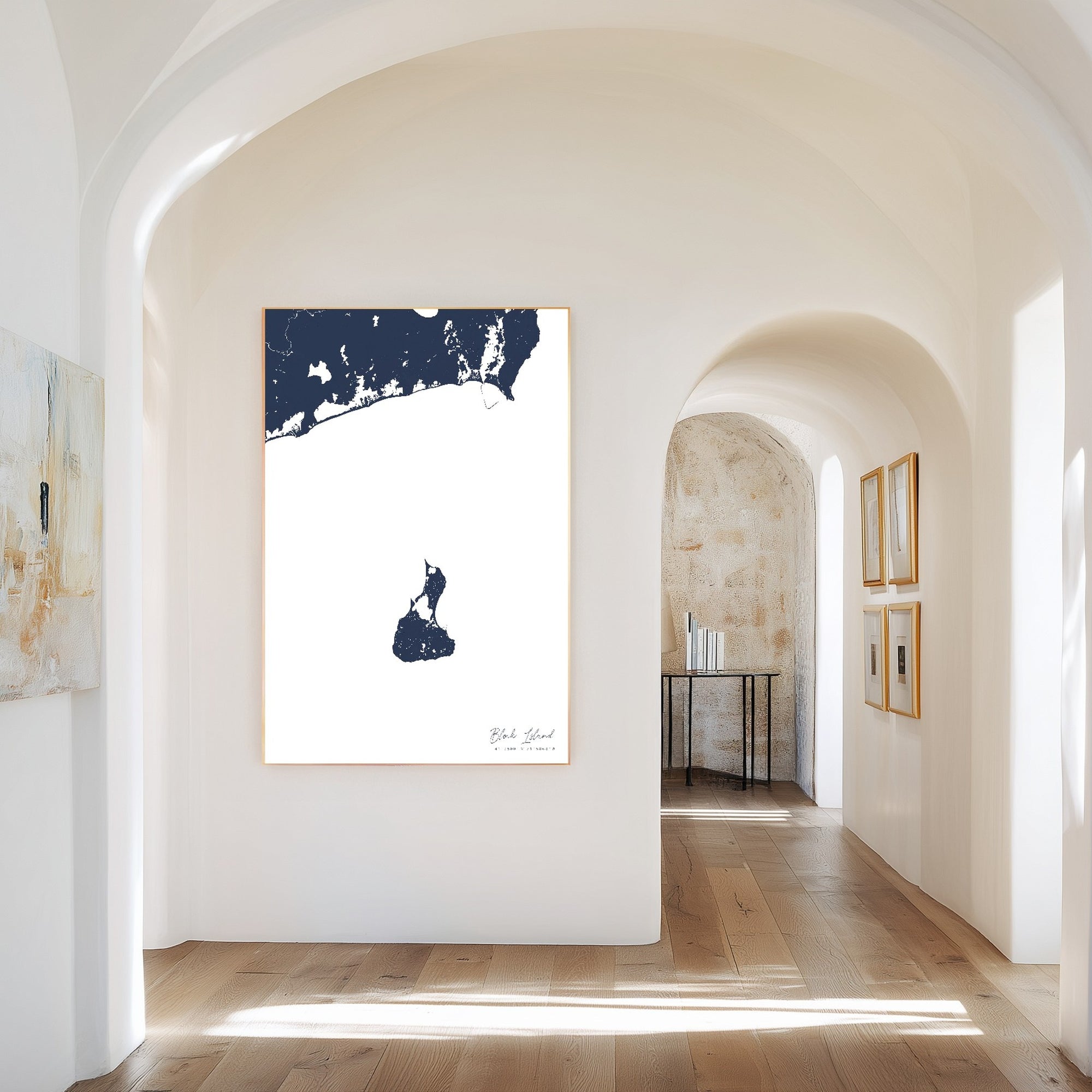 Block Island navy vertical canvas map in the Bello mixed room scene
