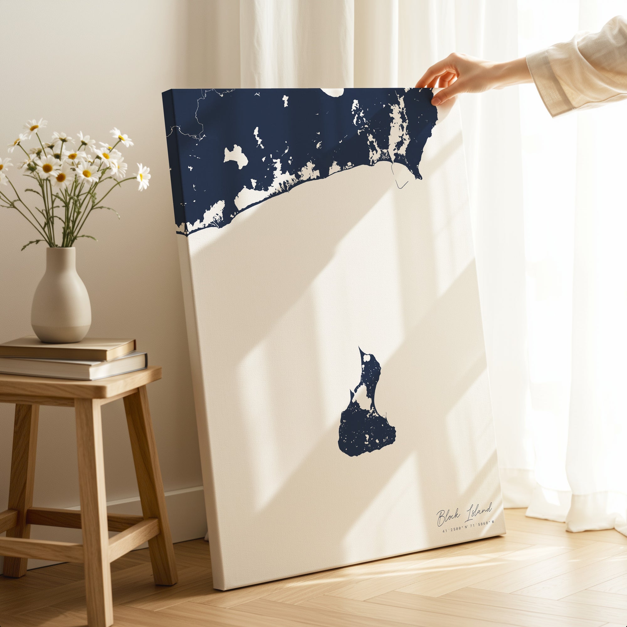 Block Island navy vertical wrapped canvas map in the ratio 2:3 hand mockup
