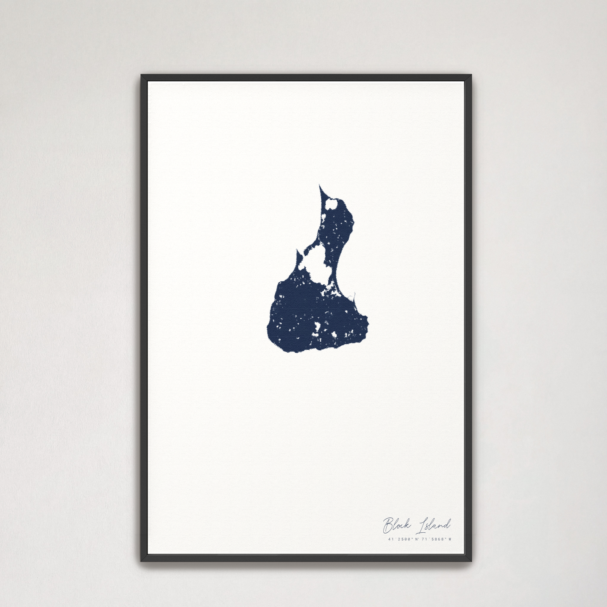 Block Island Coastal Map — Canvas Vertical, navy, Black Frame