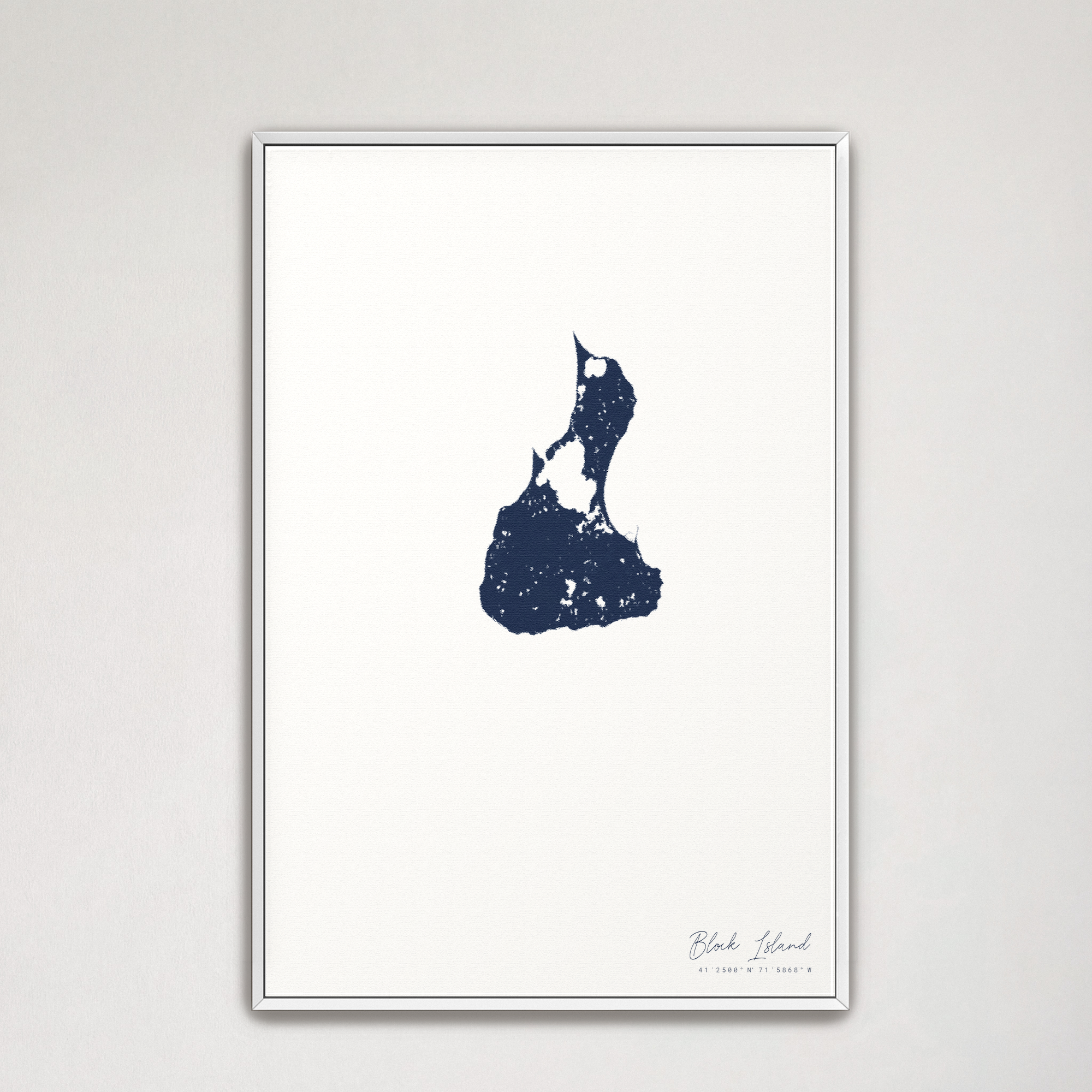 Block Island Coastal Map — Canvas Vertical, navy, White Frame