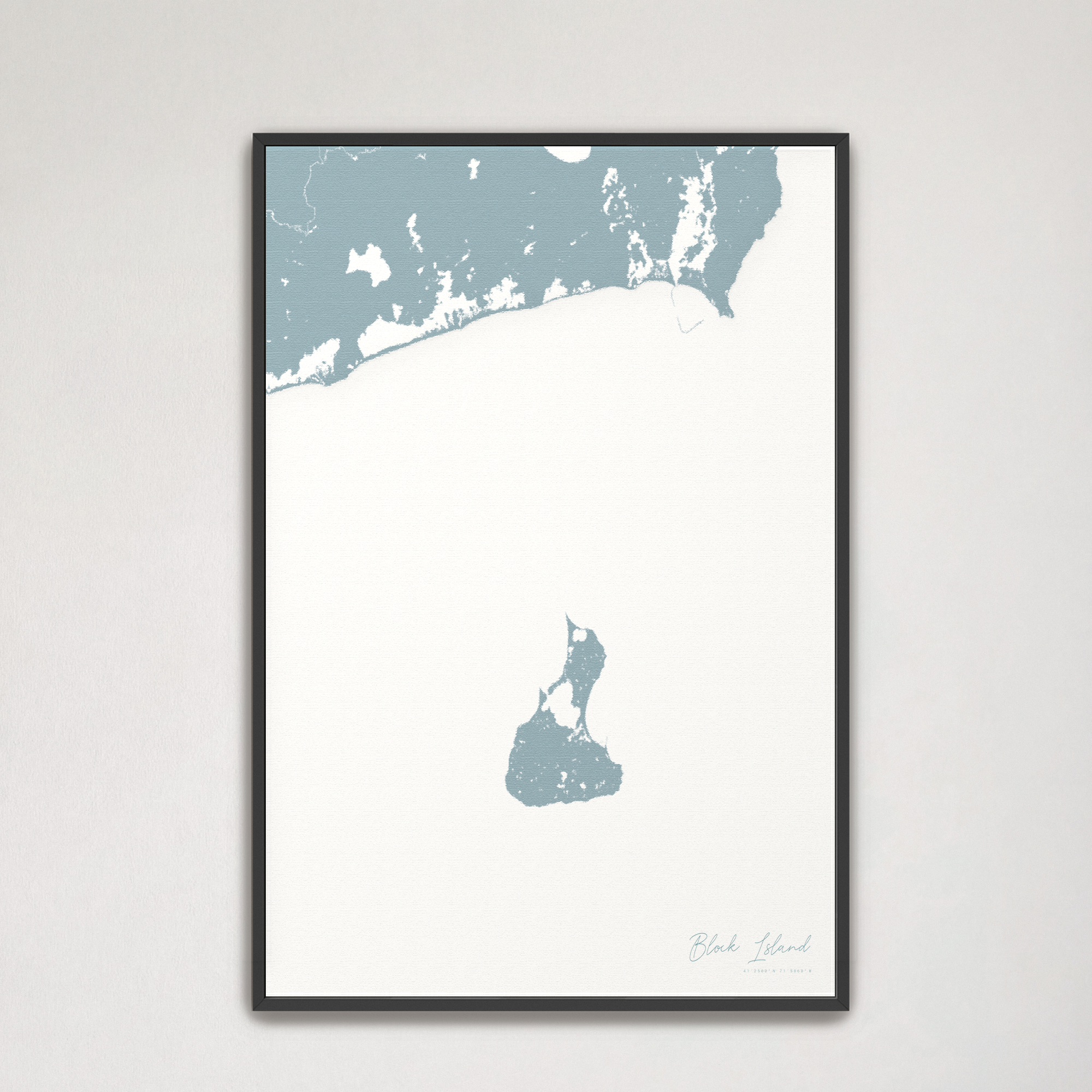 Block Island Coastal Map — Canvas Vertical, soft-blue, Black Frame
