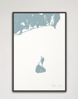 Block Island Coastal Map — Canvas Vertical, soft-blue, Black Frame