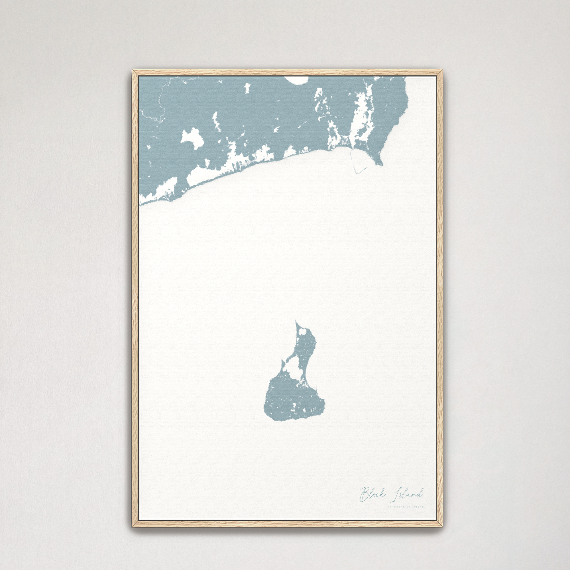 Block Island Coastal Map — Canvas Vertical, soft-blue, Natural Oak