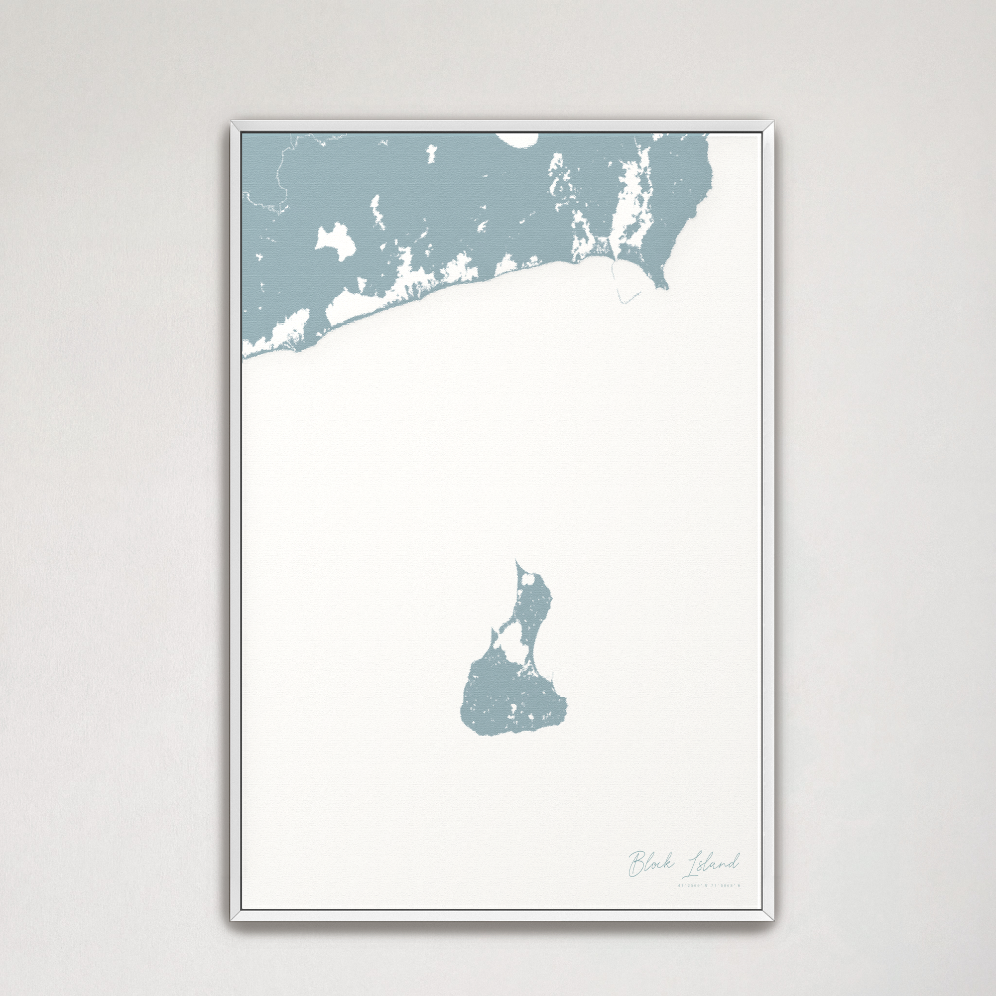 Block Island Coastal Map — Canvas Vertical, soft-blue, White Frame