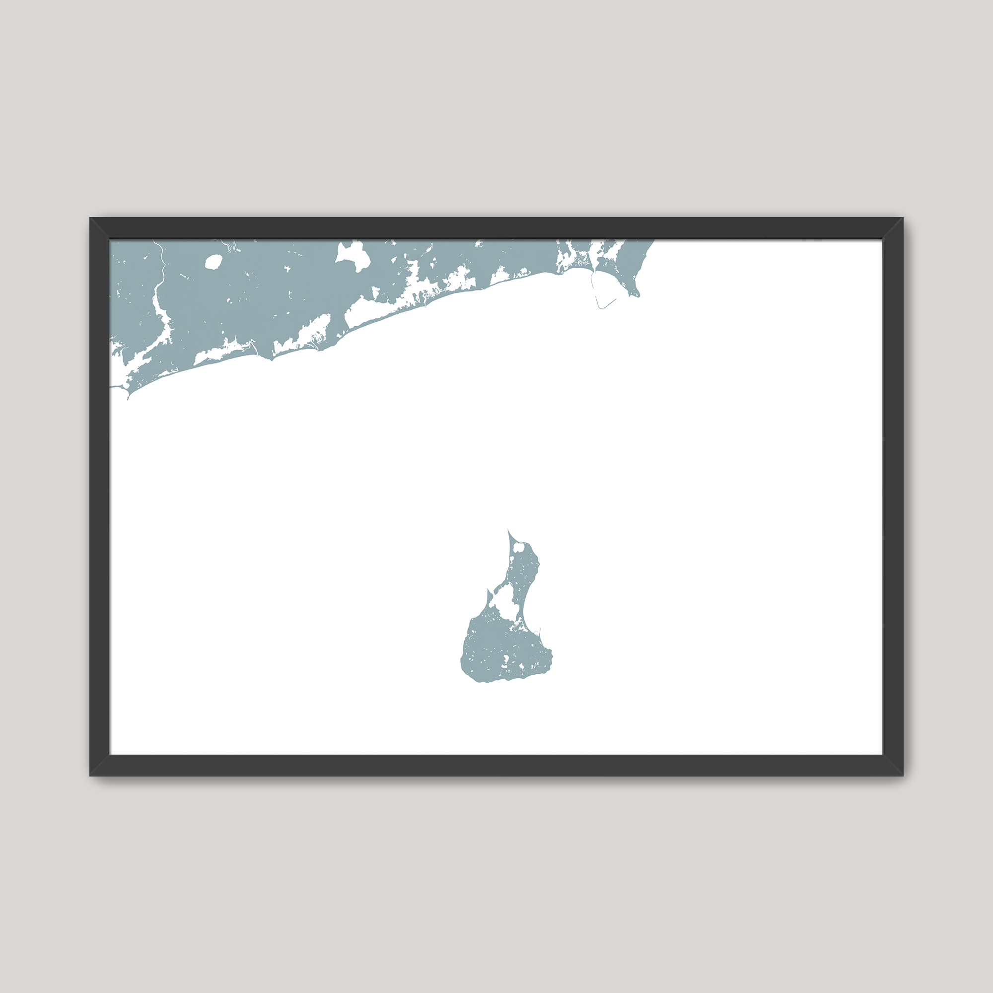 Block Island Coastal Map — Fine Art Print Horizontal, soft-blue, Black Frame, 10x8