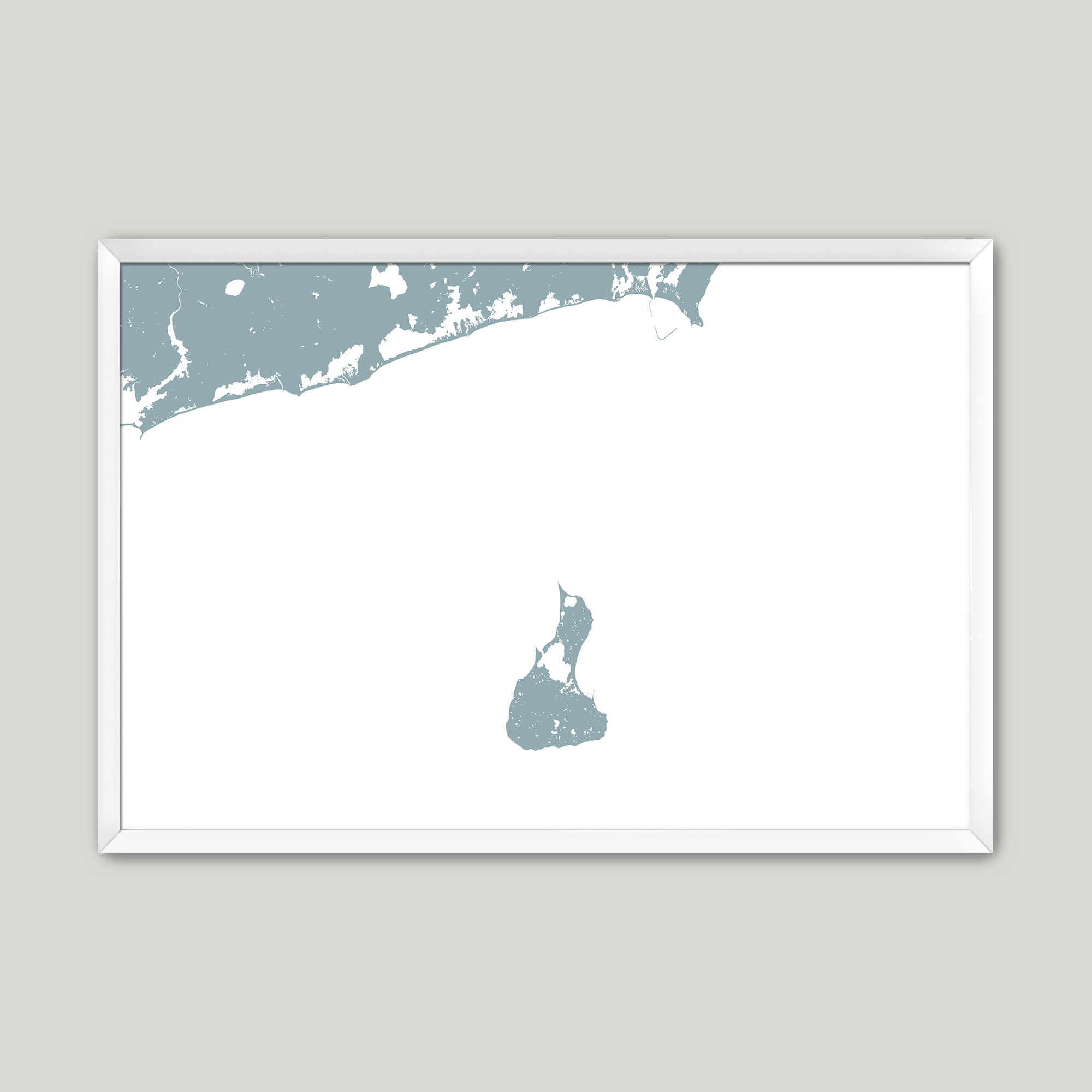 Block Island Coastal Map — Fine Art Print Horizontal, soft-blue, White Frame, 10x8