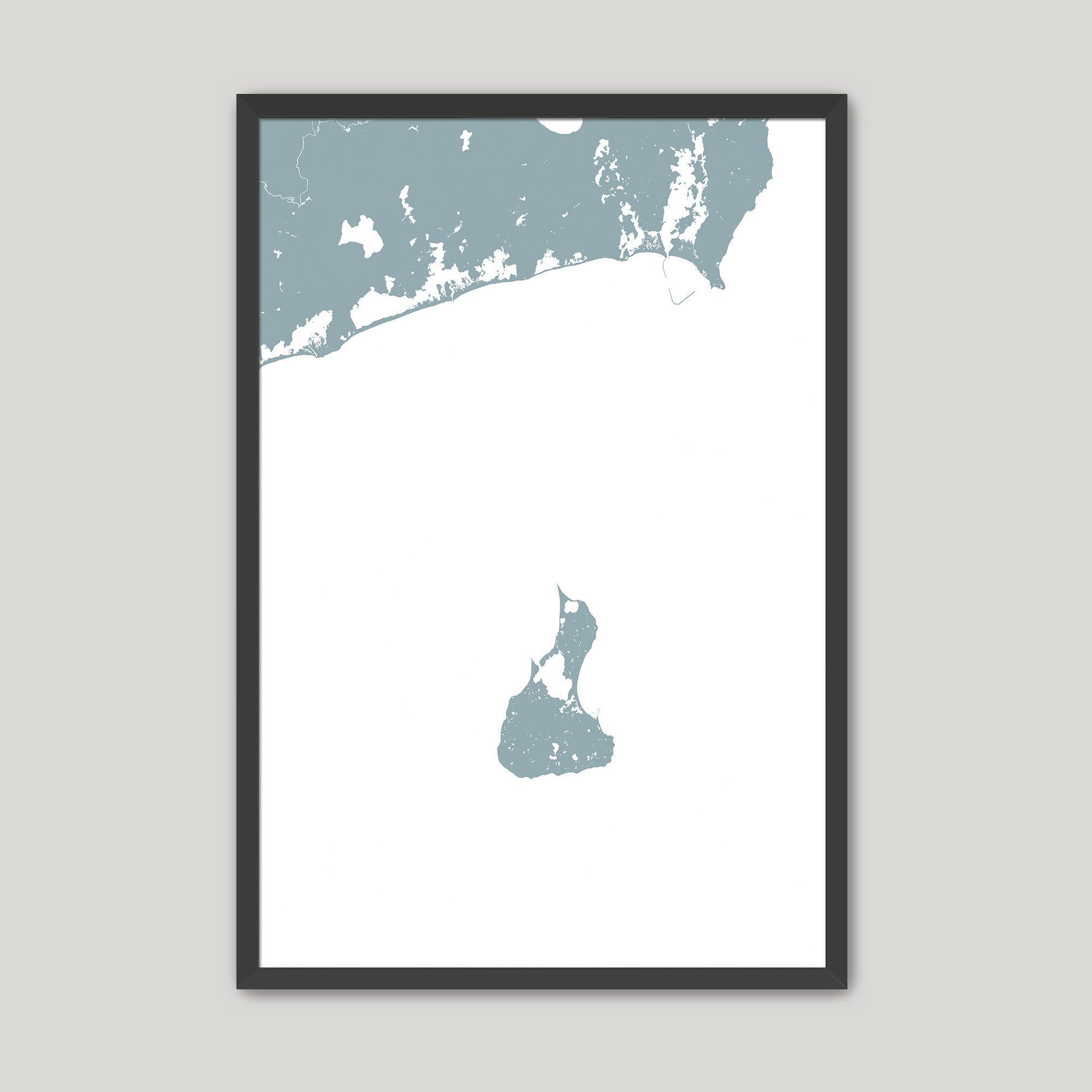 Block Island Coastal Map — Fine Art Print Vertical, soft-blue, Black Frame, 8x10