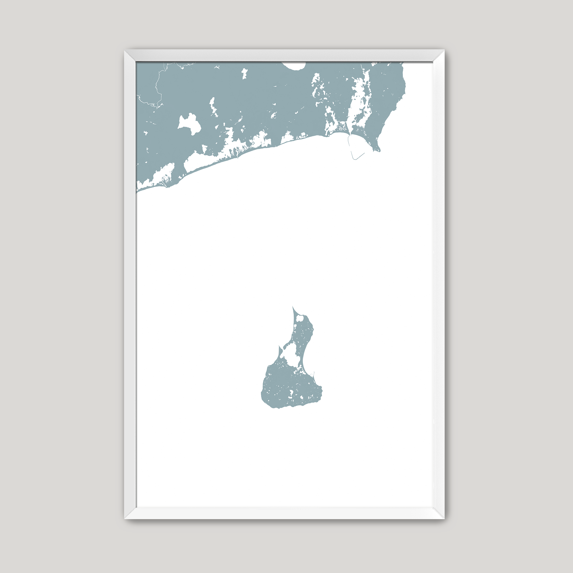 Block Island Coastal Map — Fine Art Print Vertical, soft-blue, White Frame, 8x10
