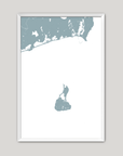 Block Island Coastal Map — Fine Art Print Vertical, soft-blue, White Frame, 8x10
