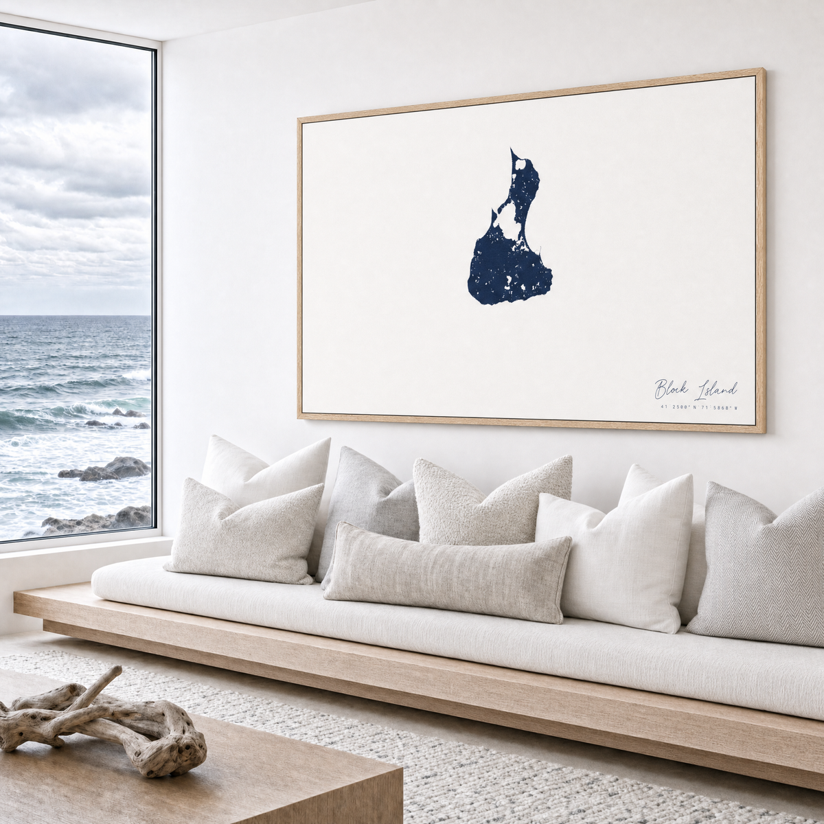 Block Island canvas map — sea-view bench interior
