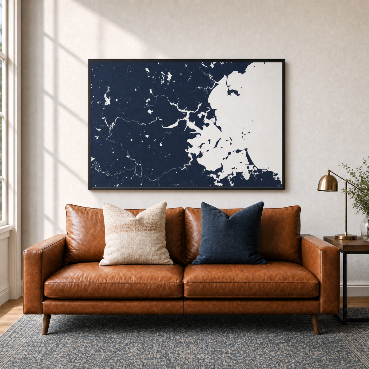 Boston canvas map — two-pillow black-frame sofa interior
