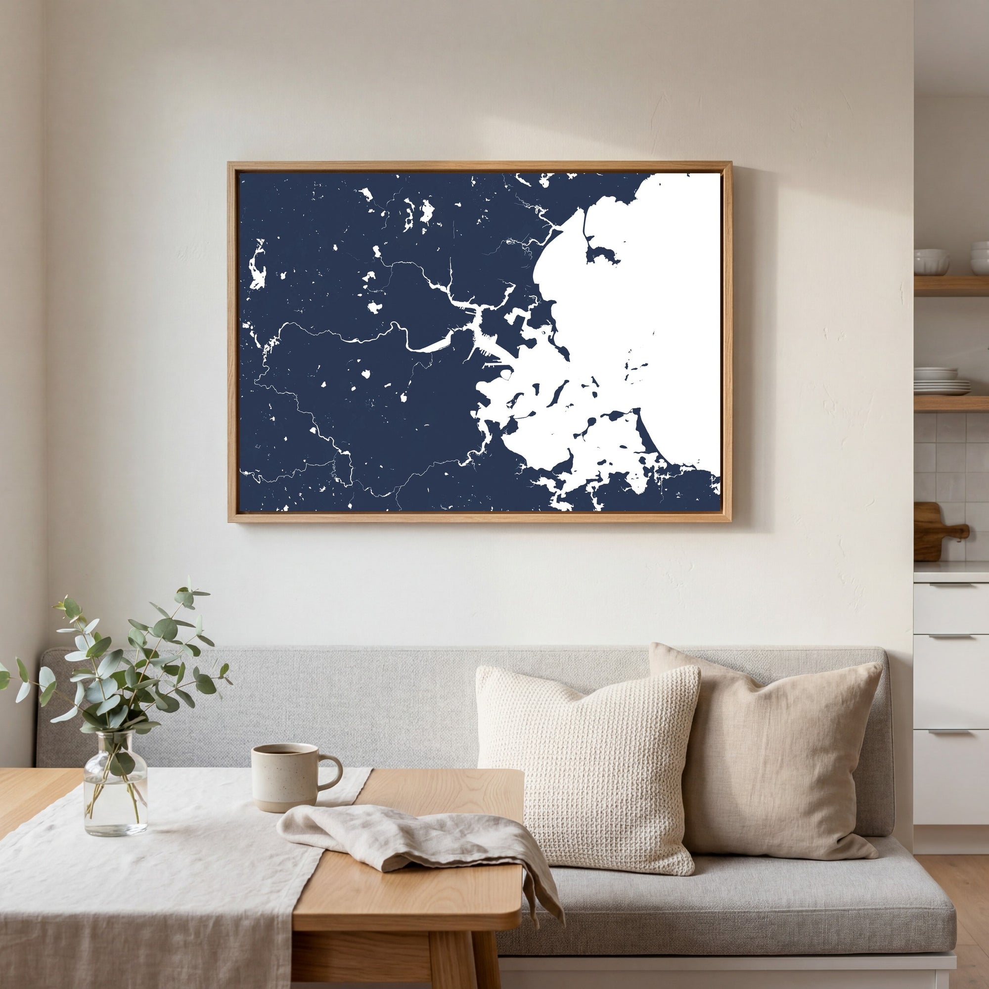 Boston navy horizontal canvas map in an oak framed room scene