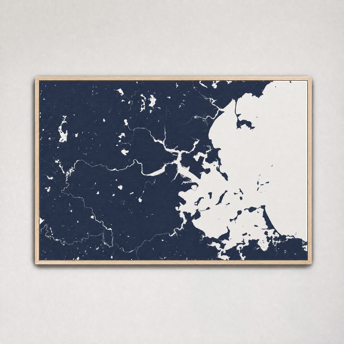 Boston Coastal Map — Canvas Horizontal — navy, Light Wood