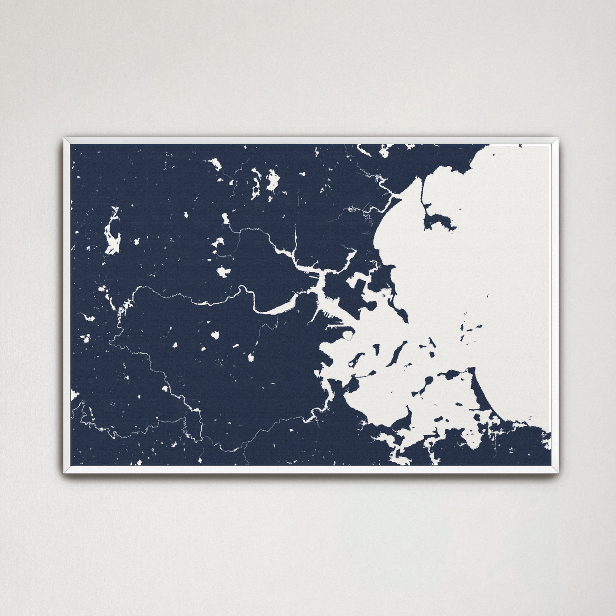 Boston Coastal Map — Canvas Horizontal, navy, White Frame, 24x16