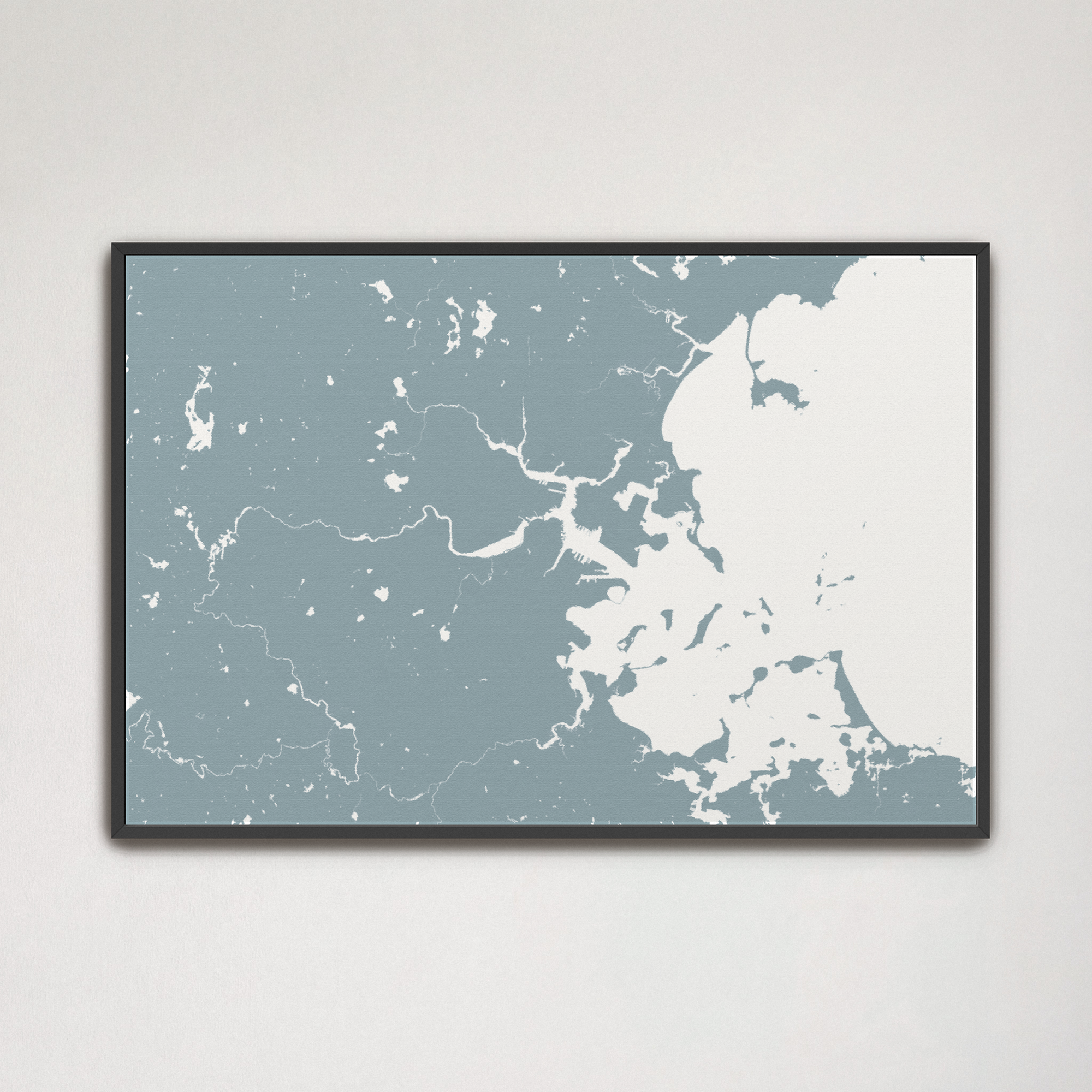 Boston Coastal Map — Canvas Horizontal, soft-blue, Black Frame, 24x16