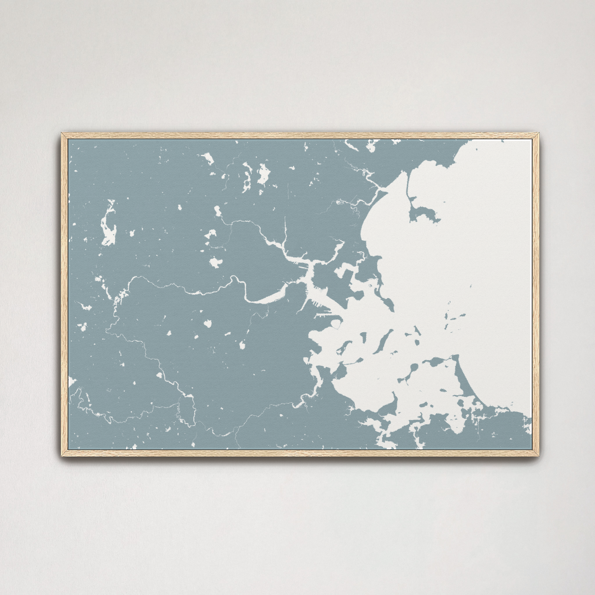 Boston Coastal Map — Canvas Horizontal, soft-blue, Natural Oak, 24x16