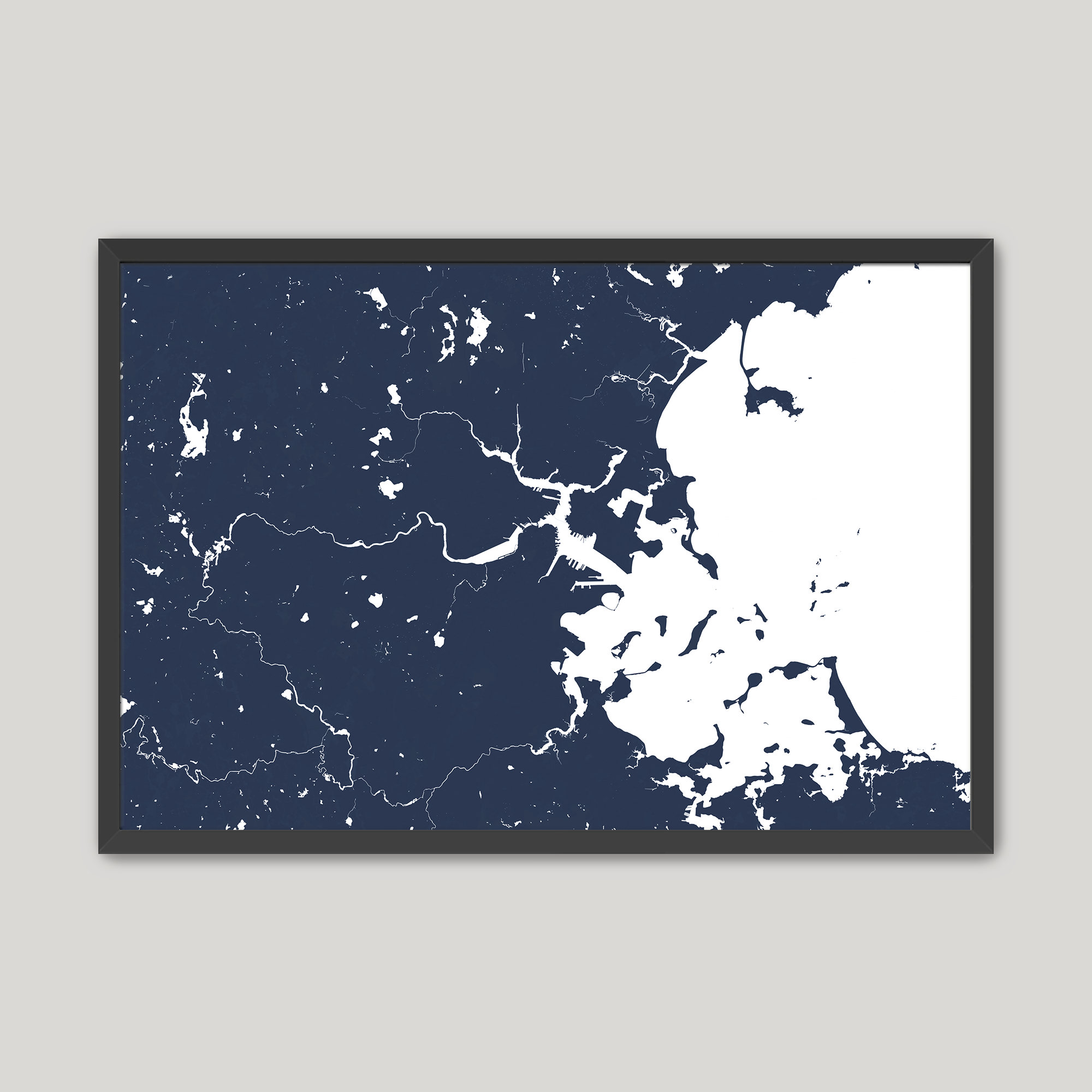 Boston Coastal Map — Fine Art Print Horizontal, navy, Black Frame, 10x8