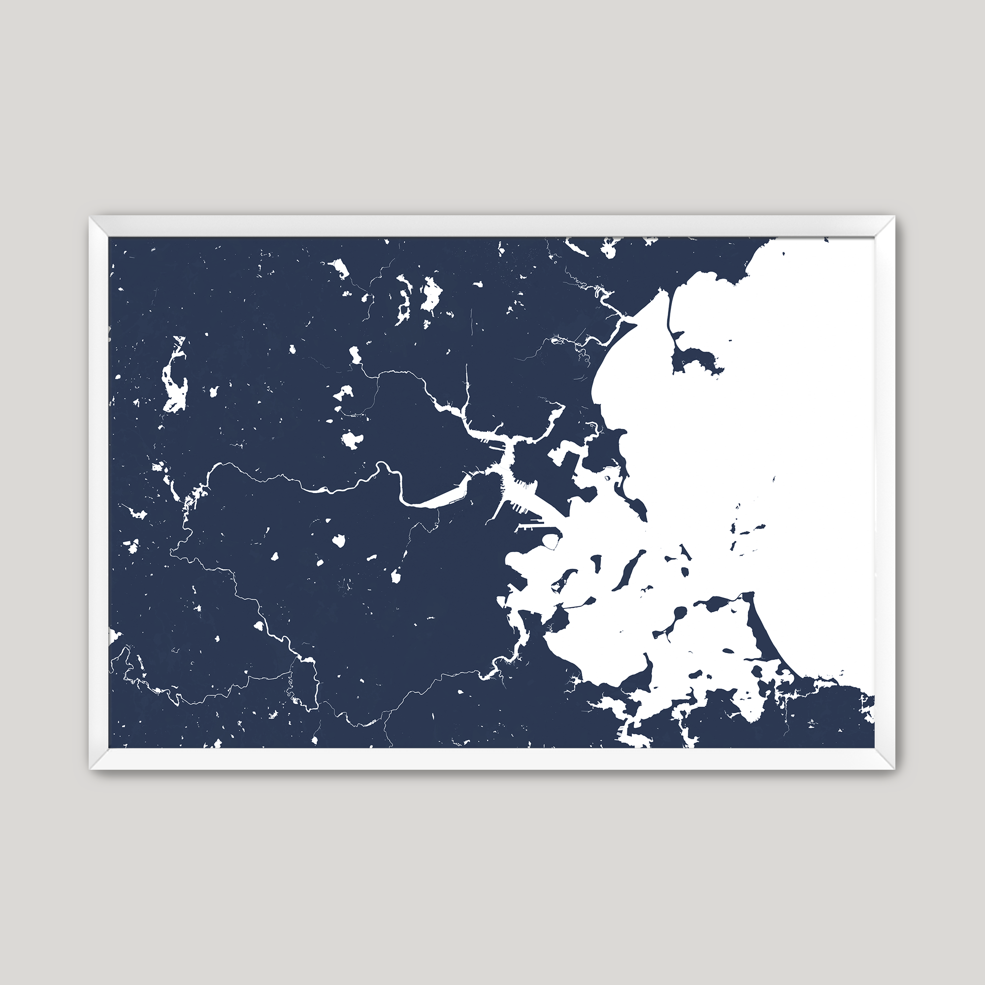 Boston Coastal Map — Fine Art Print Horizontal, navy, White Frame, 10x8