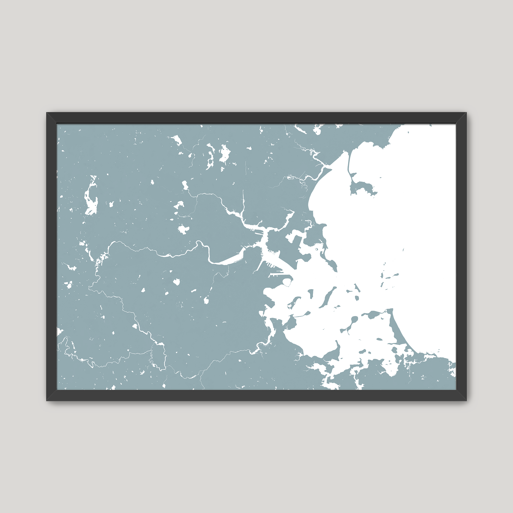 Boston Coastal Map — Fine Art Print Horizontal, soft-blue, Black Frame, 10x8