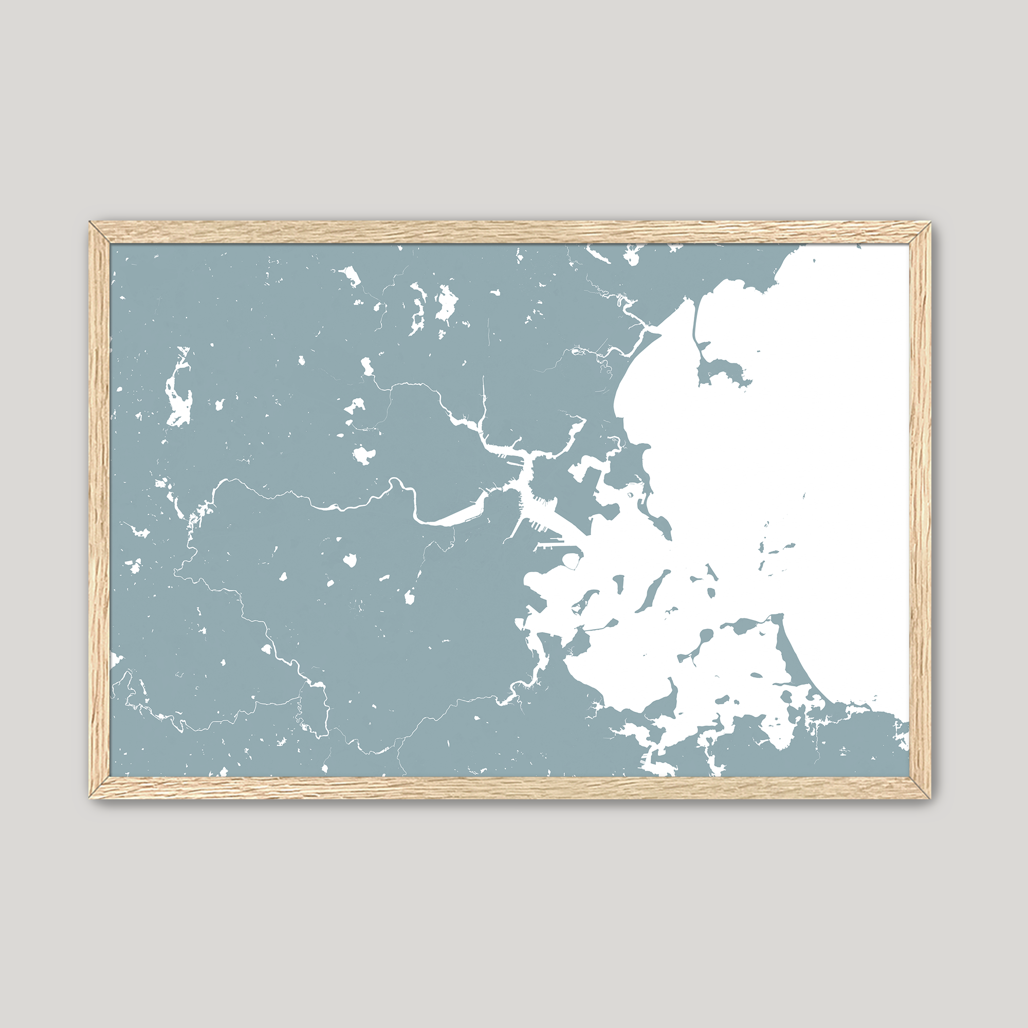 Boston Coastal Map — Fine Art Print Horizontal, soft-blue, Oak, 10x8