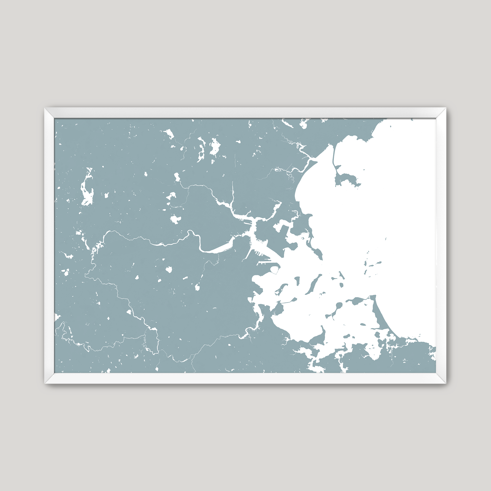 Boston Coastal Map — Fine Art Print Horizontal, soft-blue, White Frame, 10x8