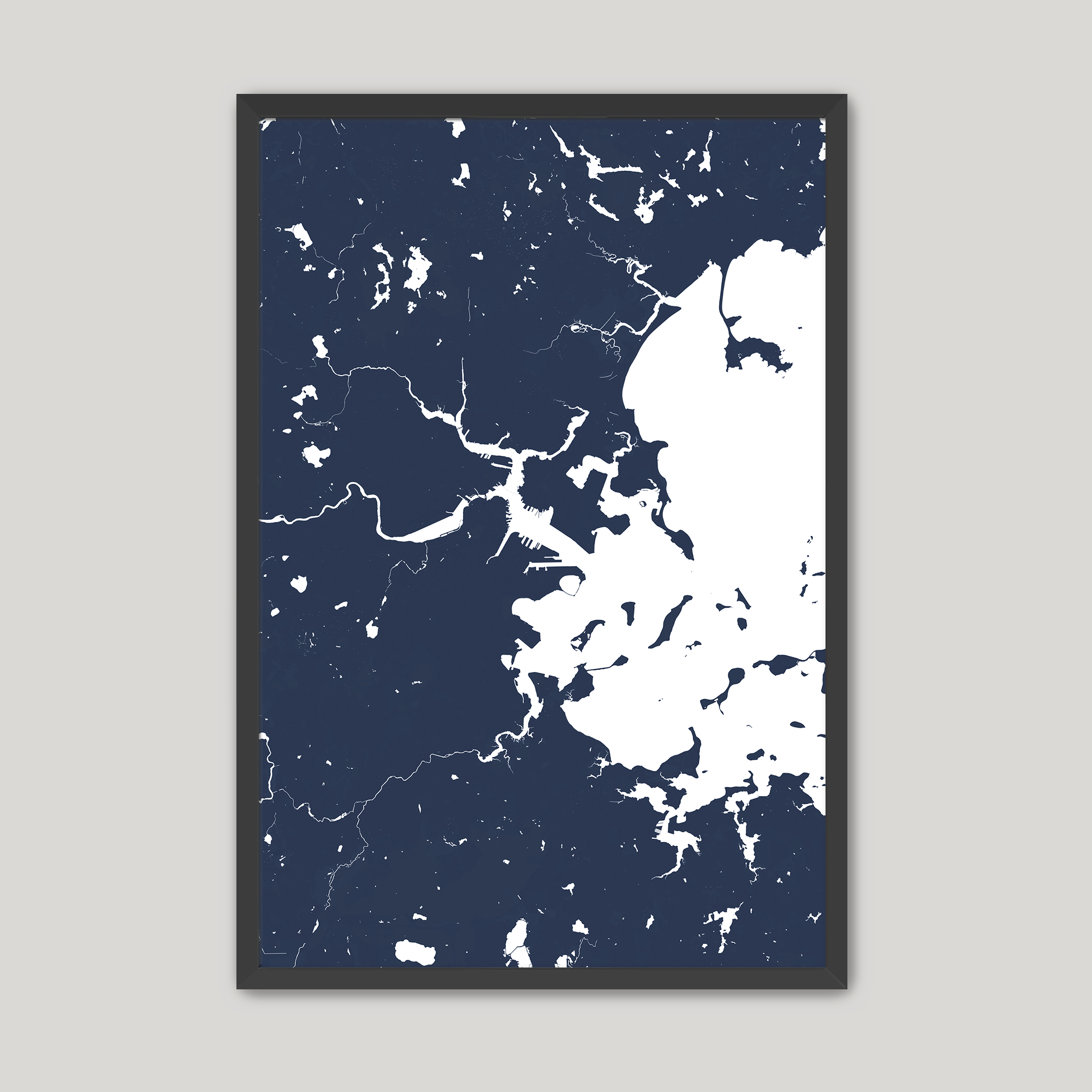 Boston Coastal Map — Fine Art Print Vertical, navy, Black Frame, 8x10