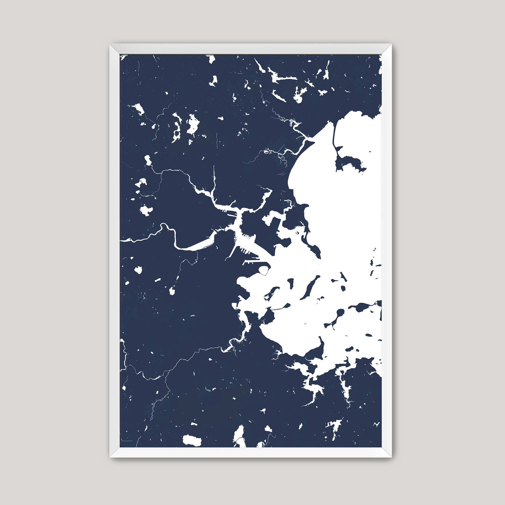 Boston Coastal Map — Fine Art Print Vertical, navy, White Frame, 8x10