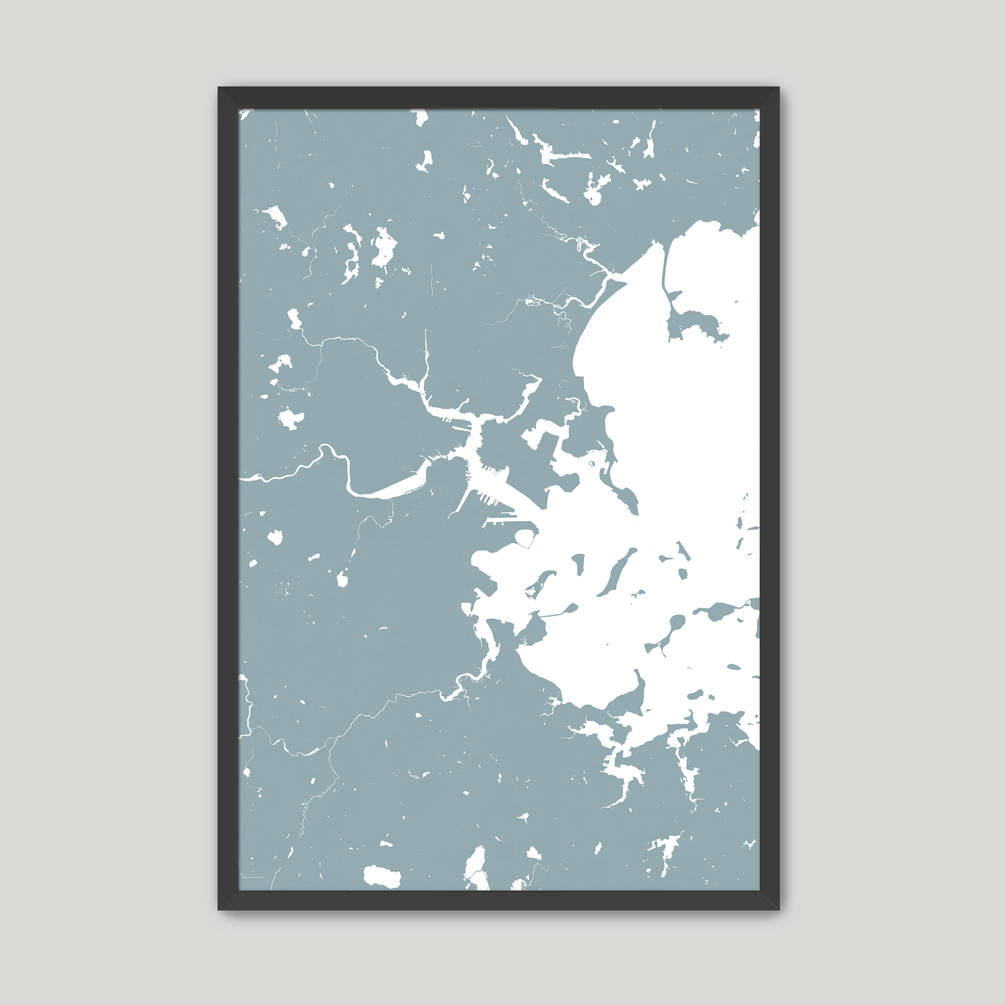 Boston Coastal Map — Fine Art Print Vertical, soft-blue, Black Frame, 8x10