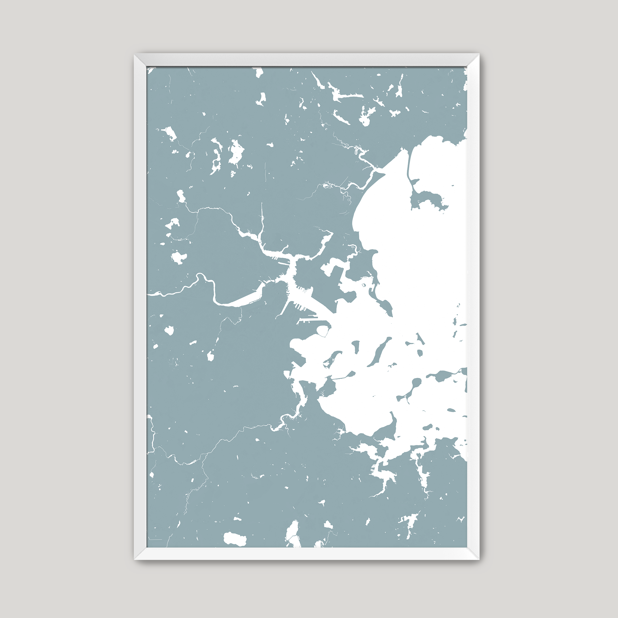 Boston Coastal Map — Fine Art Print Vertical, soft-blue, White Frame, 8x10