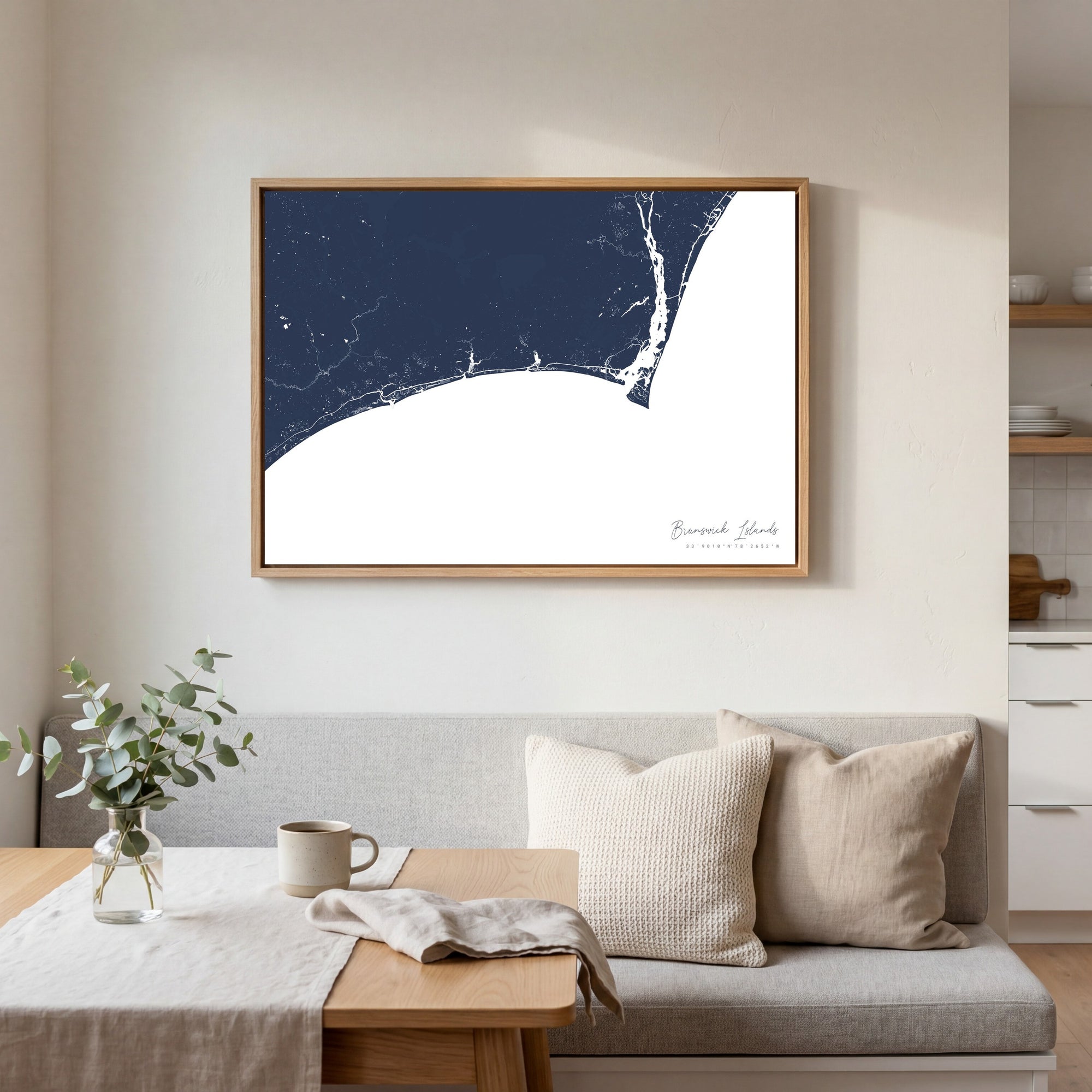 Brunswick Islands navy horizontal canvas map in an oak framed room scene