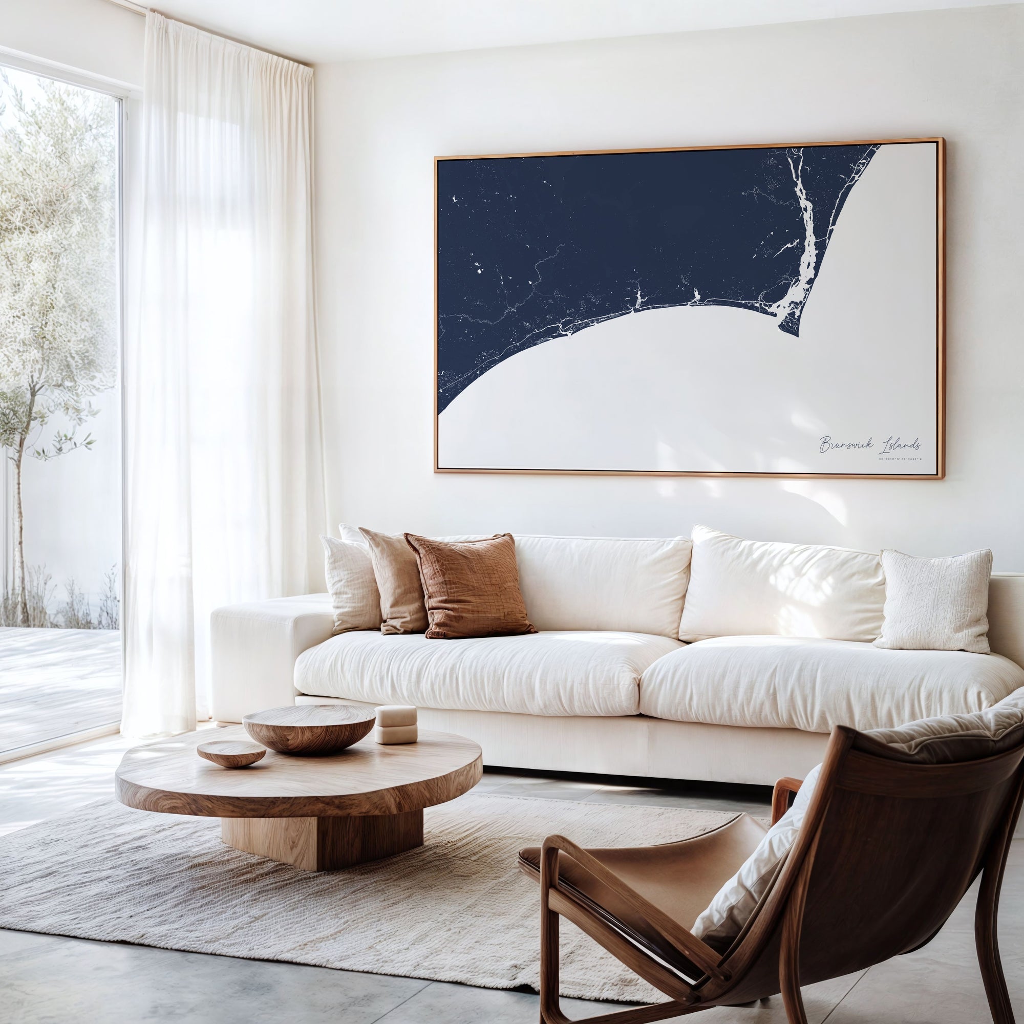 Brunswick Islands navy horizontal canvas map in an oak framed room scene