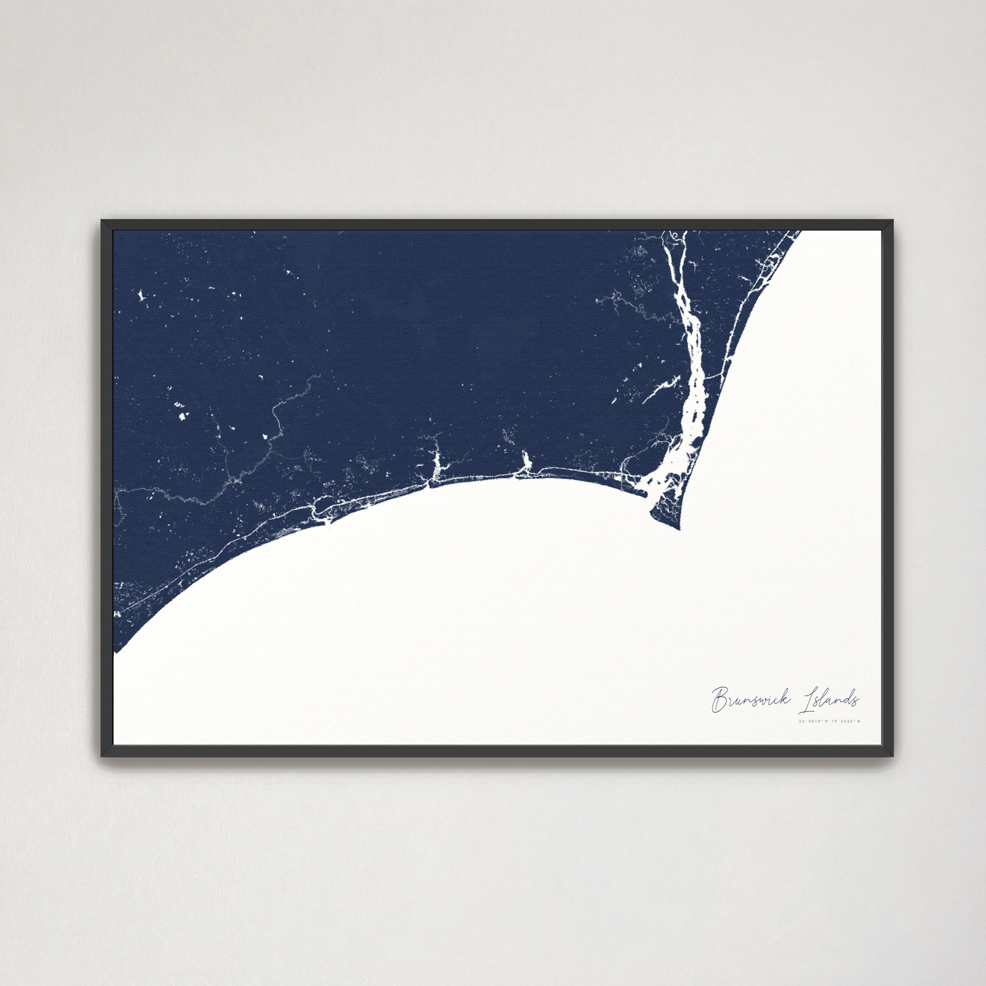 Brunswick Islands Coastal Map — Canvas Horizontal, navy, Black Frame
